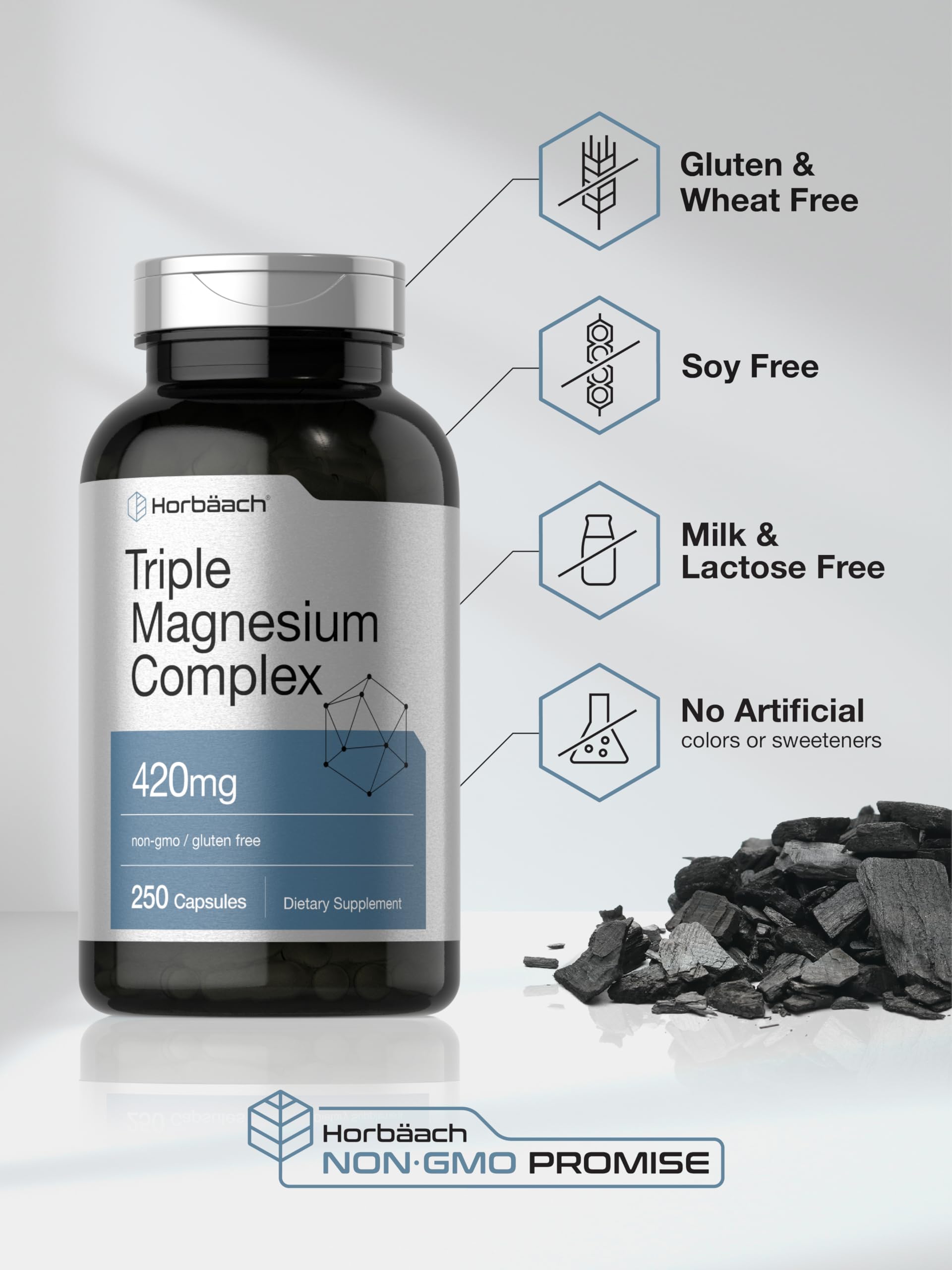 Horbäach Triple Magnesium Complex | 420 mg | 250 Capsules | Non-GMO and Gluten Free Formula | Magnesium Oxide, Citrate, and Aspartate Dietary Supplement Horbäach uk supplements