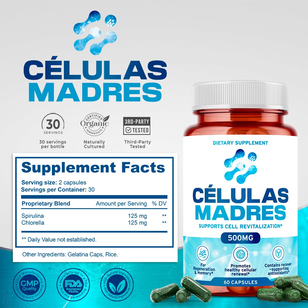 Stem Cell Supplements 500mg (60 Cap) Natural Anti-Aging & Longevity Support with Spirulina & Chlorella, Boost Cellular Renewal, Restore Youthful Energy, Reduce Joint Soreness – Celulas Madre AURA VITAMINS uk supplements