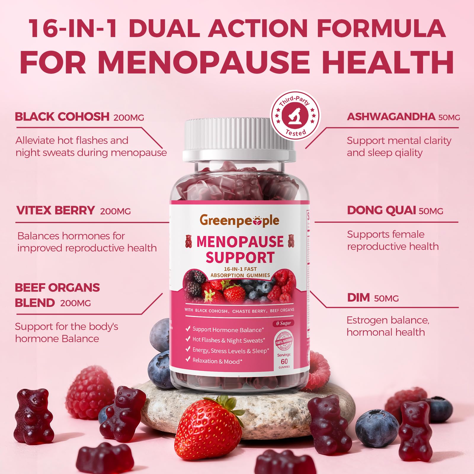 GREENPEOPLE Menopause Supplements for Women Gummies - 16-in-1 Dual Action Menopause Relief W/Black Cohosh, Vitex, Beef Organs for Hormone Balance, Hot Flashes, Night Sweats & Mood, Sugar-Free 60 CT GREENPEOPLE uk supplements