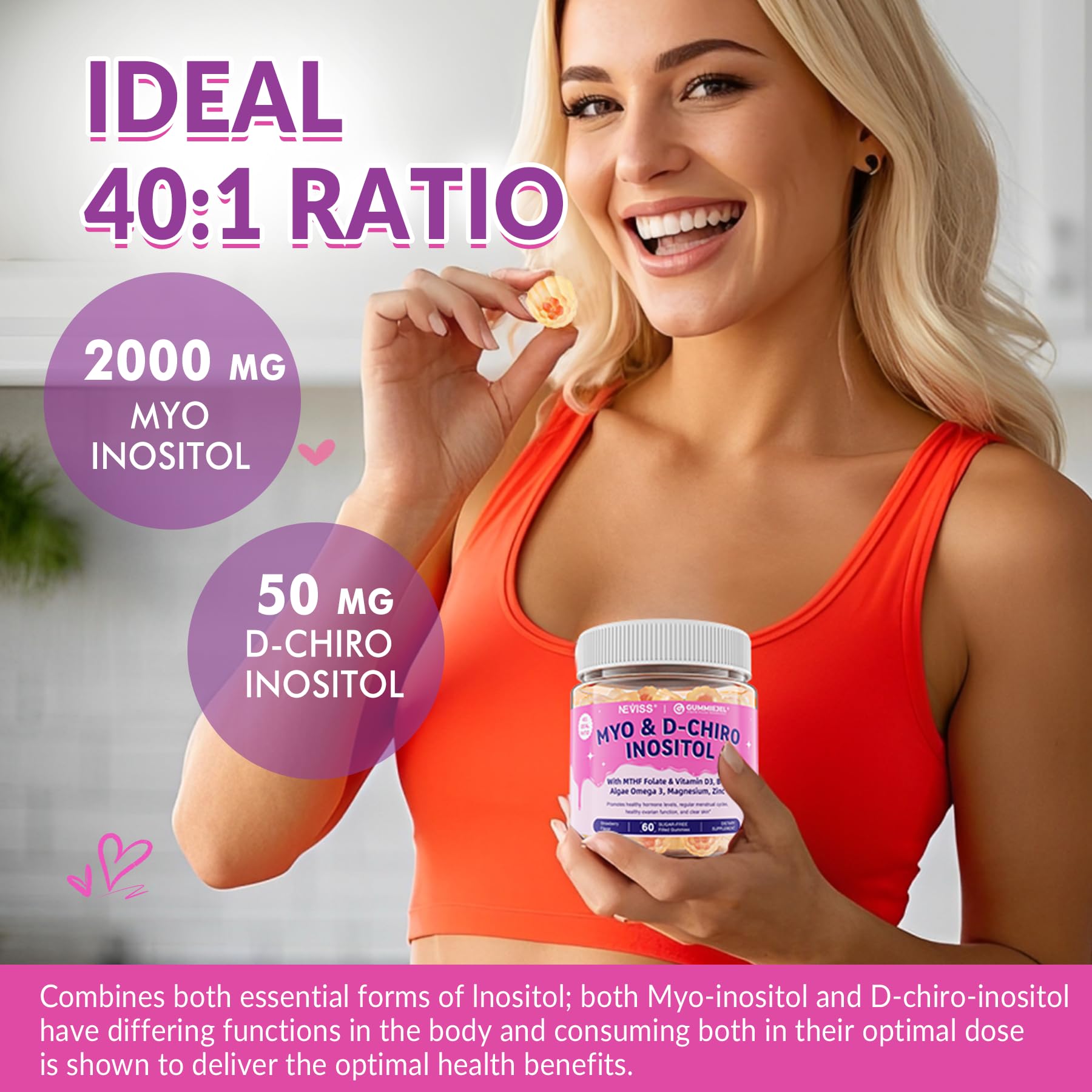 Myo-Inositol & D-Chiro Inositol, Hormone Balance for Women | Sugar Free Inositol Gummies w/Omega 3, MTHF Folate, Vitamin D3, B12, Magnesium & Zinc for Ovarian Health, Ideal 40:1 Ratio, Vegan, 60 Cts NEVISS uk supplements