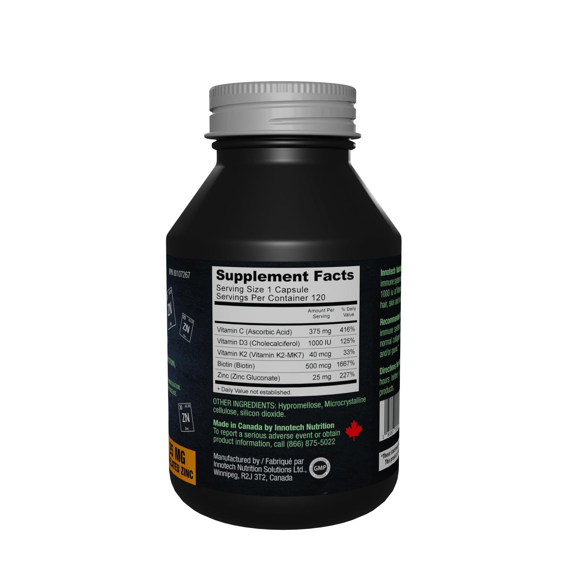 Innotech Nutrition Zinc Plus Immune Hair Skin & Nails Support Chelated Zinc Vitamin D3 & Biotin 120 Vegan Capsules Innotech Nutrition Solutions uk supplements