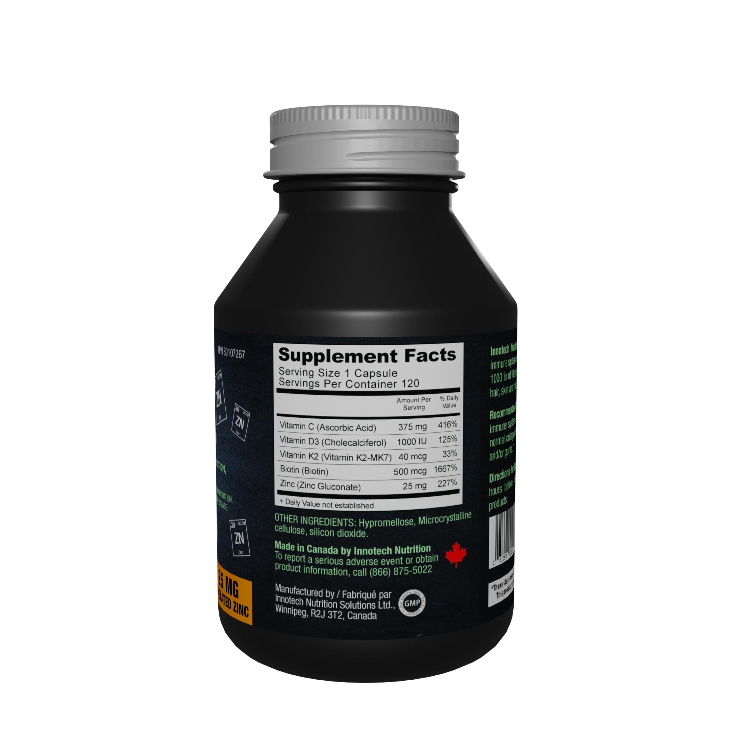 Innotech Nutrition Zinc Plus Immune Hair Skin & Nails Support Chelated Zinc Vitamin D3 & Biotin 120 Vegan Capsules Innotech Nutrition Solutions uk supplements