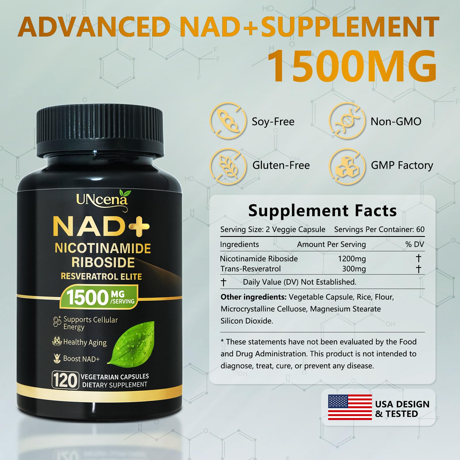 UNcena NAD Supplement 1500mg - Liposomal NAD+ Nicotinamide Riboside with Resveratrol, NAD Plus Boosting - Support Cellular Health, Stamina & Healthy Aging for Women & Men- 120 Capsules UNcena uk supplements