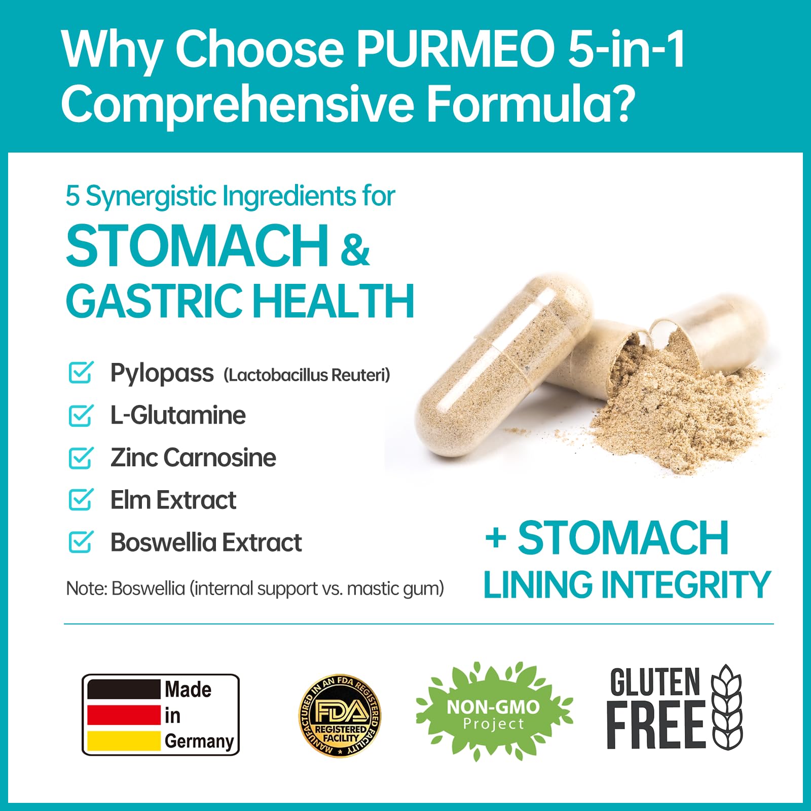 5-in-1 High Potency H. Pylori Probiotic, 1 Per Day - Supports Gastric Lining Integrity, Occasional Indigestion, Acid Comfort - Pylopass Lactobacillus Reuteri, Gluten Free, Vegan, 30ct, Made in Germany purmeo uk supplements