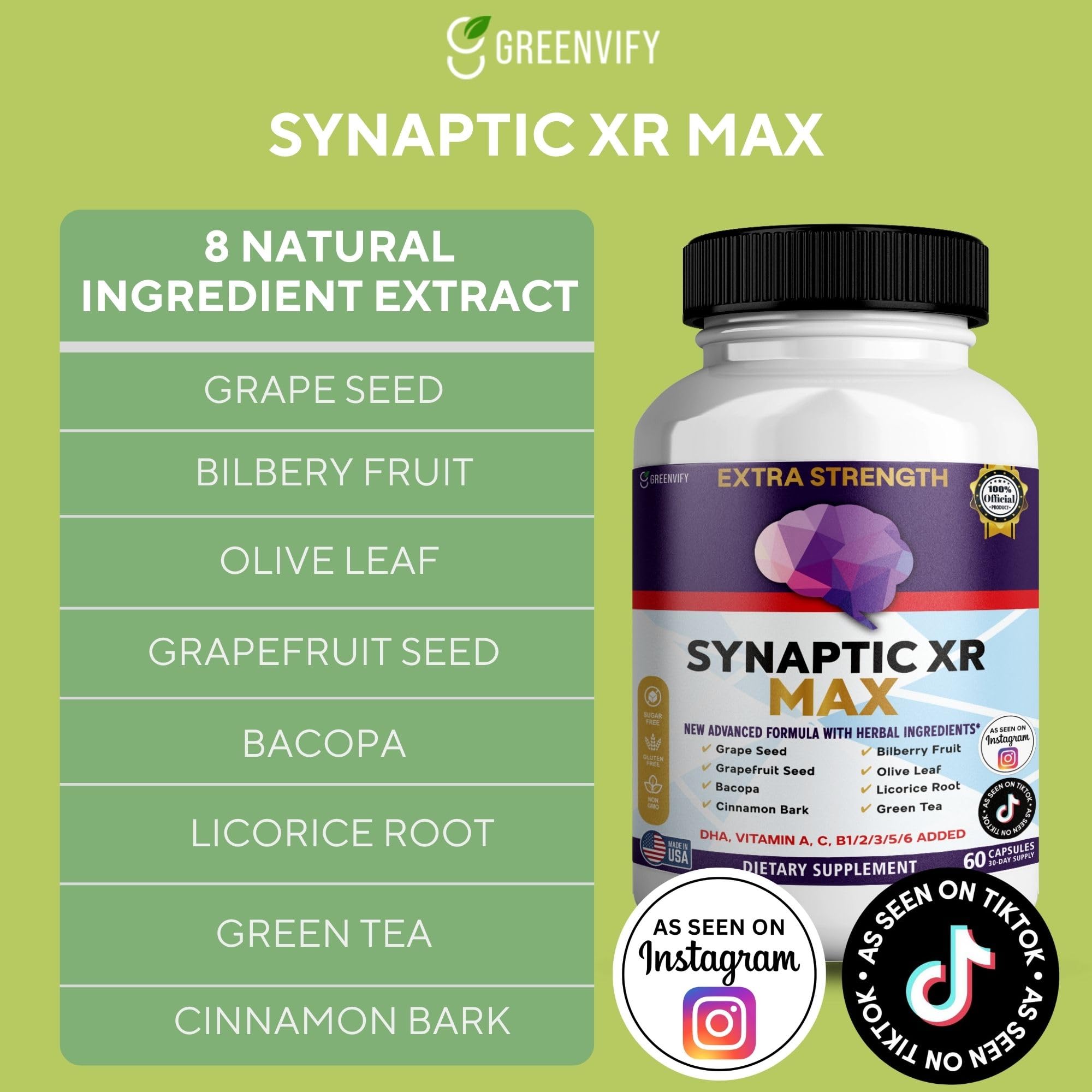GREENVIFY Synaptic XR Max Extra Strength Brain Support Supplement with Herbal Ingredients, 60 Capsules, DHA Vitamins, Nootropic Formula (1) GREENVIFY uk supplements
