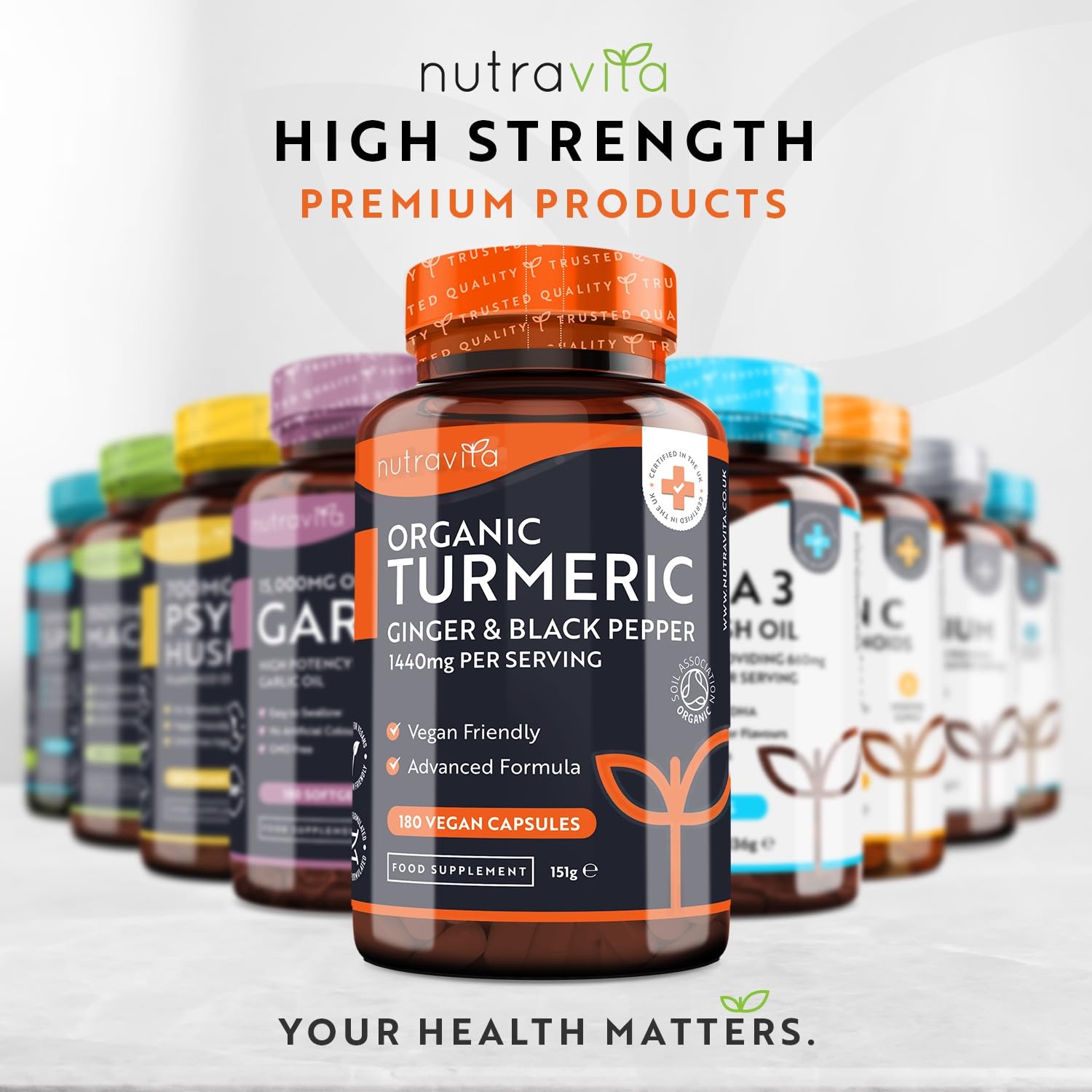Organic Turmeric 1440mg (High Strength) with Black Pepper & Ginger - 180 Vegan Turmeric Nutravita uk supplements