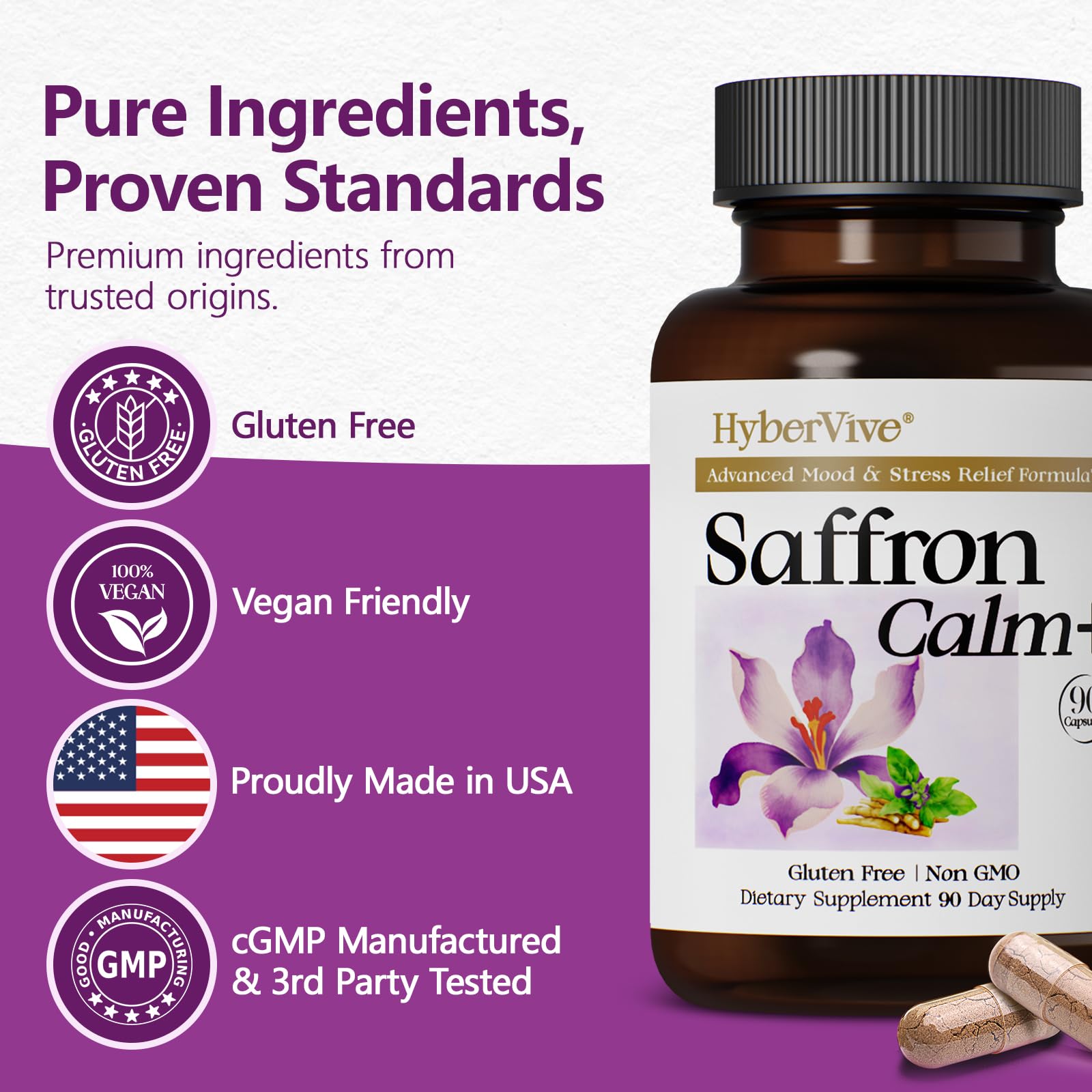 HyberVive Saffron Supplements with Ashwagandha & L-Theanine - 368.5MG - Mood Balance, Stress Relief & Mental Clarity – Cortisol Support for Women & Men, Made in USA, 90 Vegan Capsules HyberVive uk supplements
