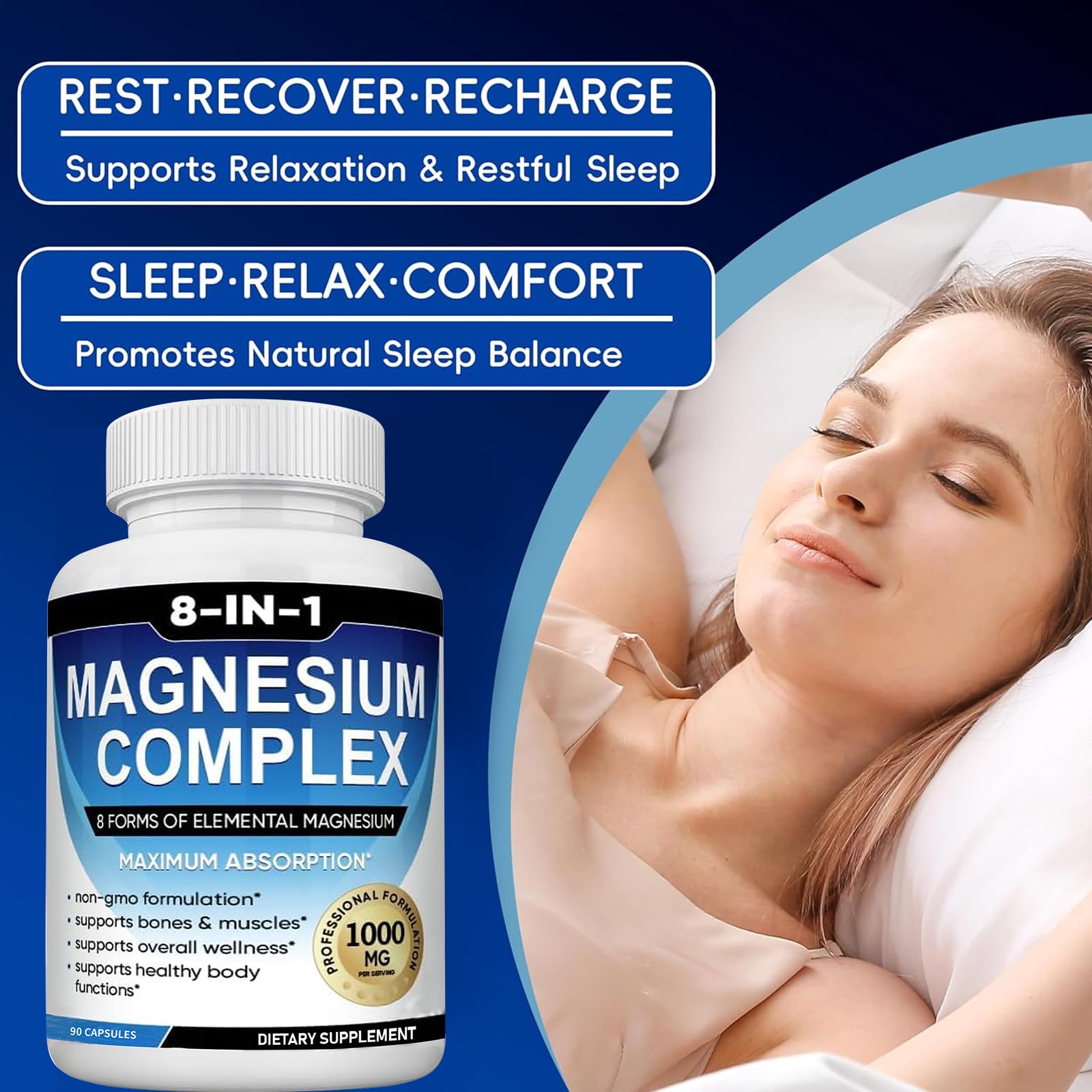 Magnesium Complex Supplement 8 Elemental 1000mg with Glycinate,Citrate for Muscle, Recovery, Stress, Energy, Bone Health, Vegan Non-GMO 180 Capsules, Magnesium Supplement for Women, Men, 2 Bottle caicieter uk supplements