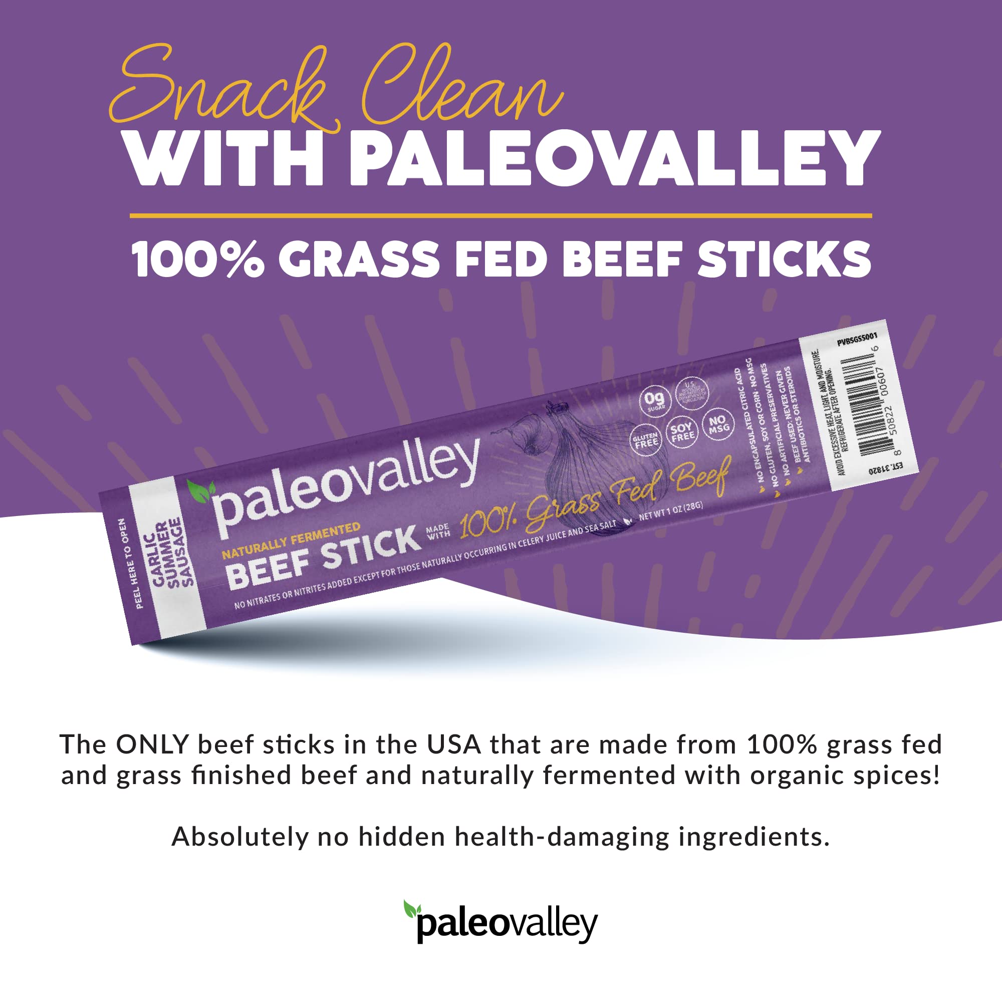 Paleovalley 100% Grass Fed Garlic Summer Sausage Beef Sticks - Delicious Gluten Free Beef Snack - High Protein Keto Friendly Paleovalley uk supplements