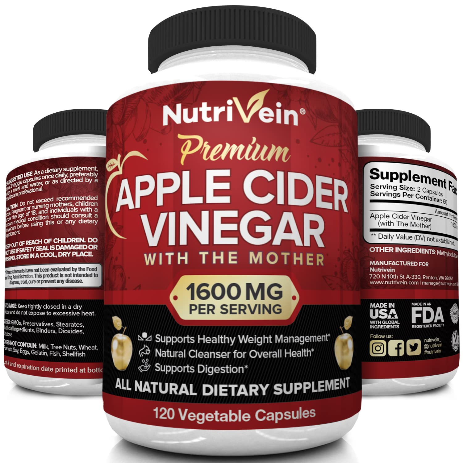 Nutrivein Apple Cider Vinegar Capsules with Mother - 1600mg - 120 Vegan Nutrivein uk supplements