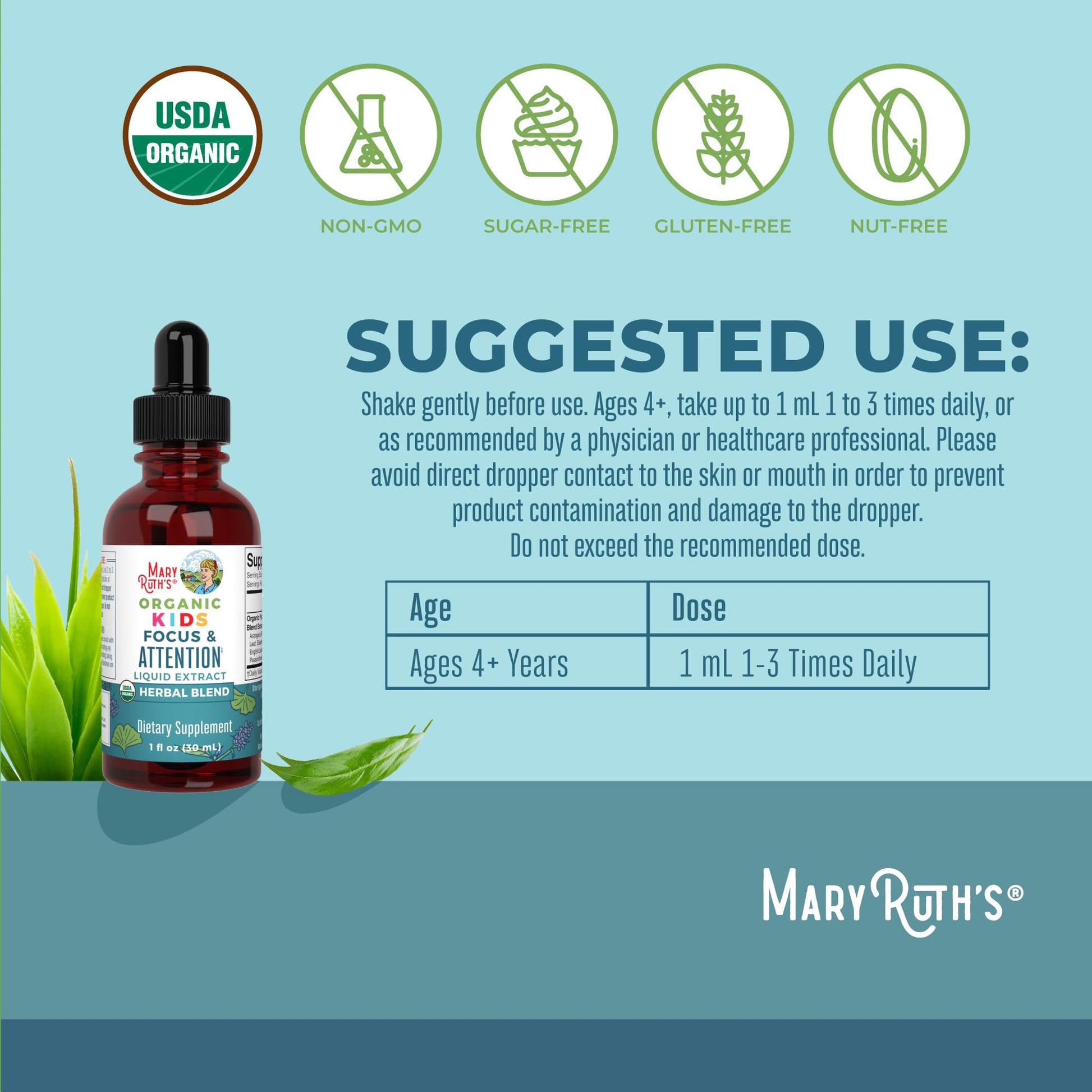 MaryRuth Organics Kids Focus & Attention Drops | USDA Organic Drops | Ginkgo Biloba | Rhodiola Root & Licorice Root | Adaptogenic | Calm | Vegan | Non-GMO | Gluten Free | 30 Servings MARYRUTH'S uk supplements