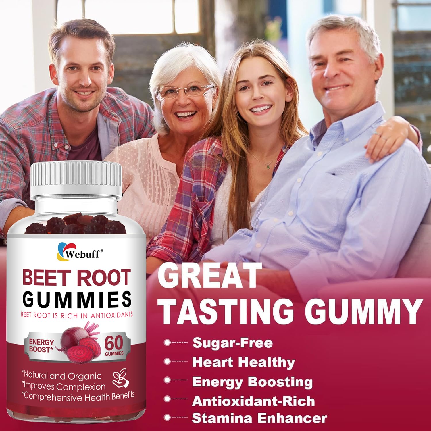 Webuff Beet Root Gummies - Nitric Oxide Booster with Organic Beet, Pomegranate & Grape Seed, Vitamin B12 - Energy, Circulation & Heart Health Support, Vegan, Non-GMO, 60 Count (Pack of 1) Webuff uk supplements