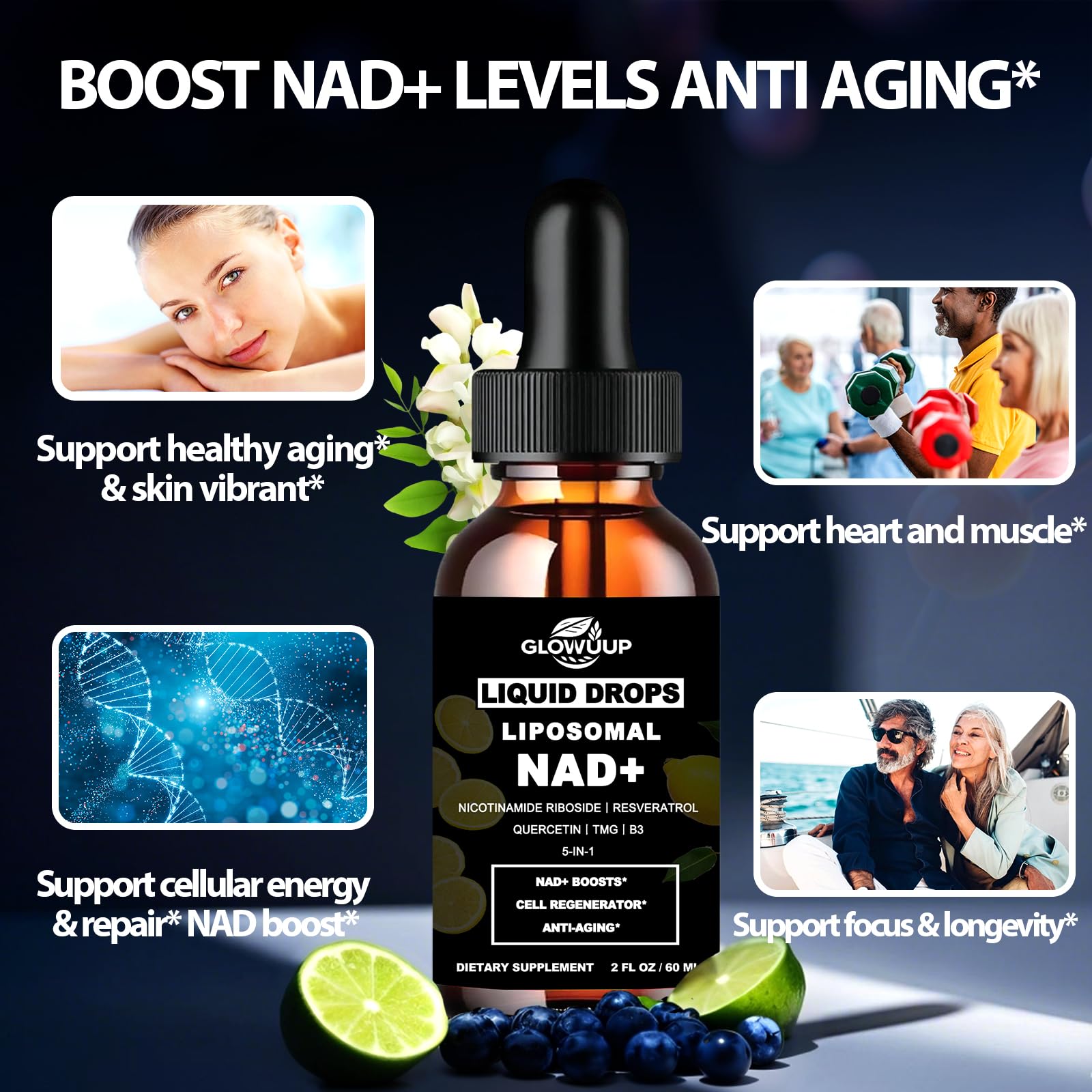 NAD Supplements for Women & Men, Liposomal NAD Nicotinamide Riboside Resveratrol 900mg w. B3 Vitamin Quercetin TMG, Liquid Resveratrol NAD Plus Supplement for Anti-Aging Energy Focus Longevity GLOVVUUP uk supplements