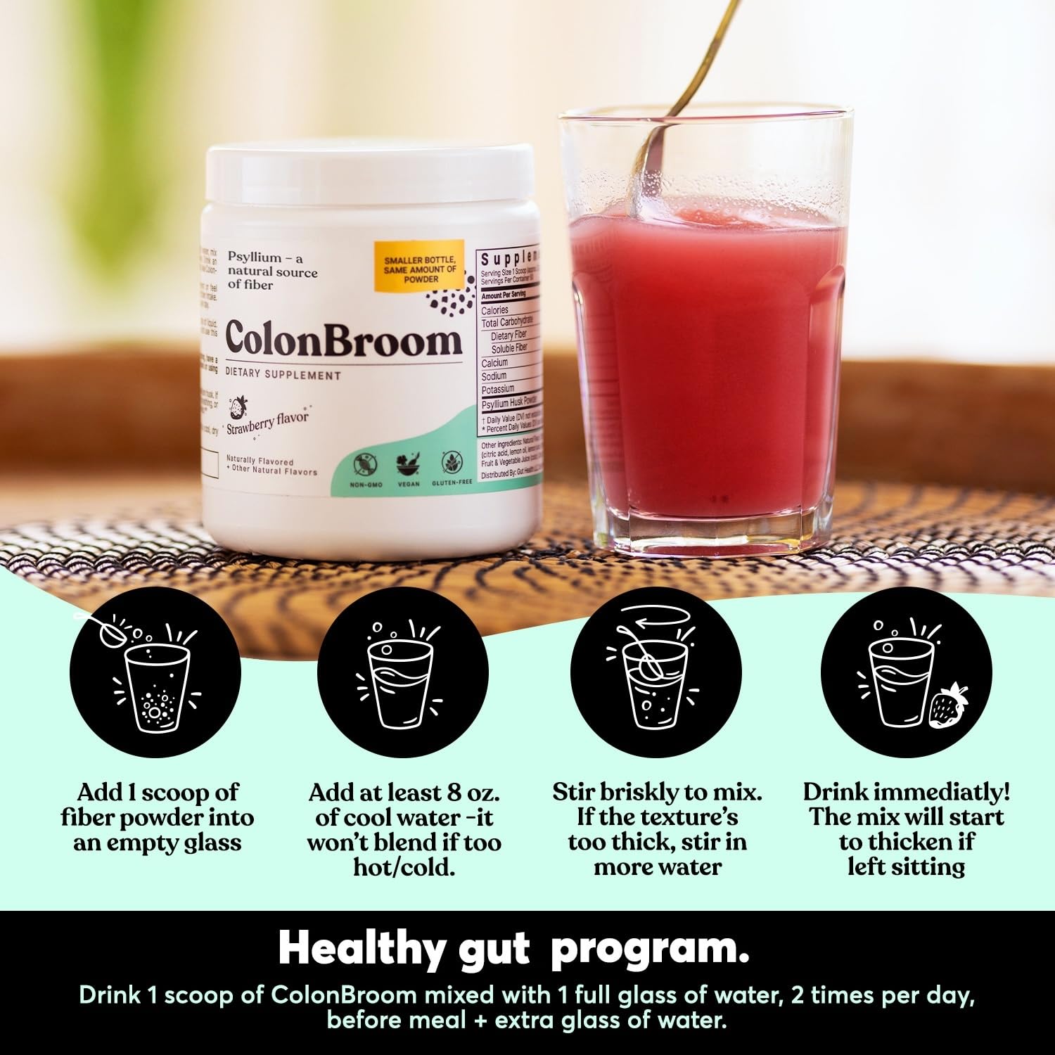 ColonBroom Psyllium Husk Powder (Strawberry) - Colon Cleanse for Bloating Relief & Gut Health - Colon Broom Fiber Powder Drink - Vegan, Gluten Free, Non-GMO Fiber Powder Supplement, 50 Servings ColonBroom uk supplements