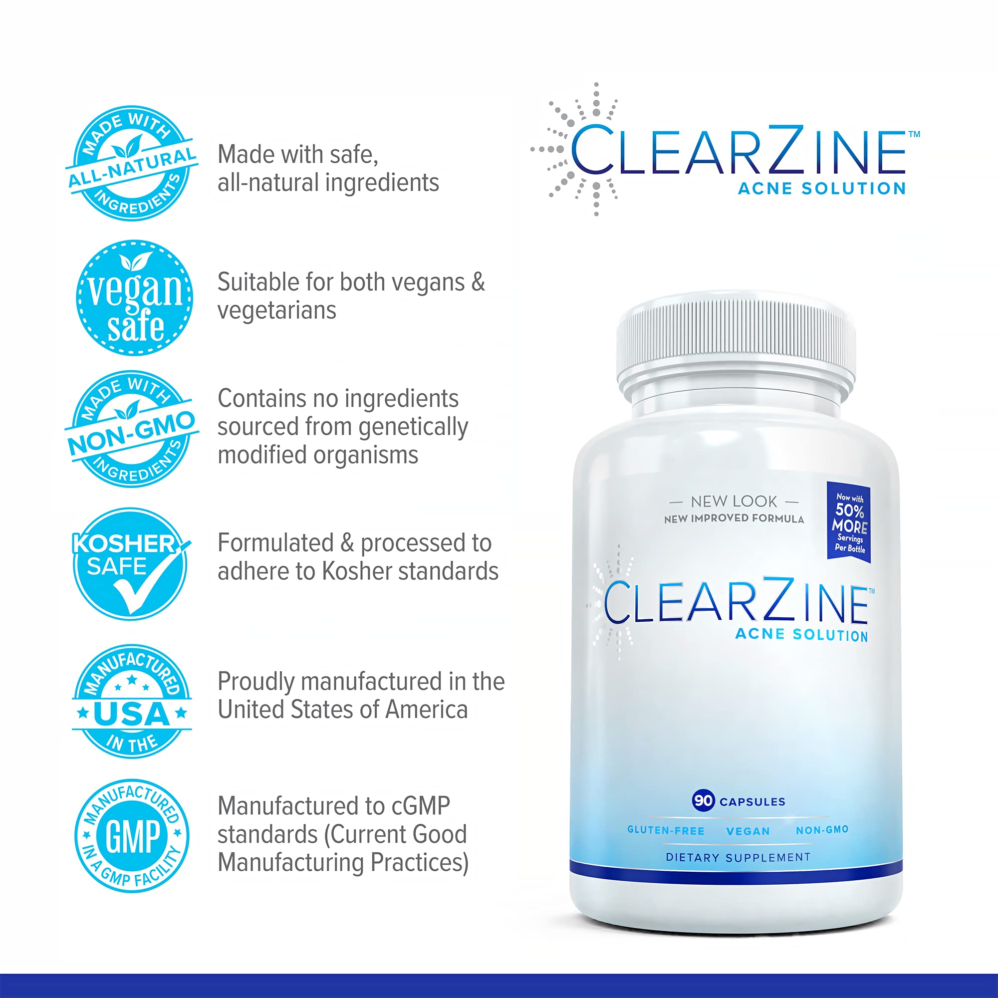 ClearZine Acne Pills for Teens & Adults | Clear Skin Supplement, Vitamins for Hormonal & Cystic Acne | Stop Breakouts, Oily Skin and Zits, 90 Caps ClearZine uk supplements