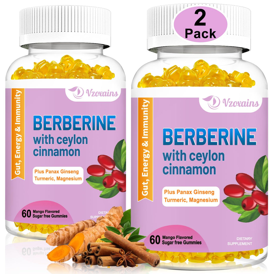 2 Pack Berberine with Ceylon Cinnamon Gummies, 2000mg High Potency Berberine HCI VZOXAINS uk supplements