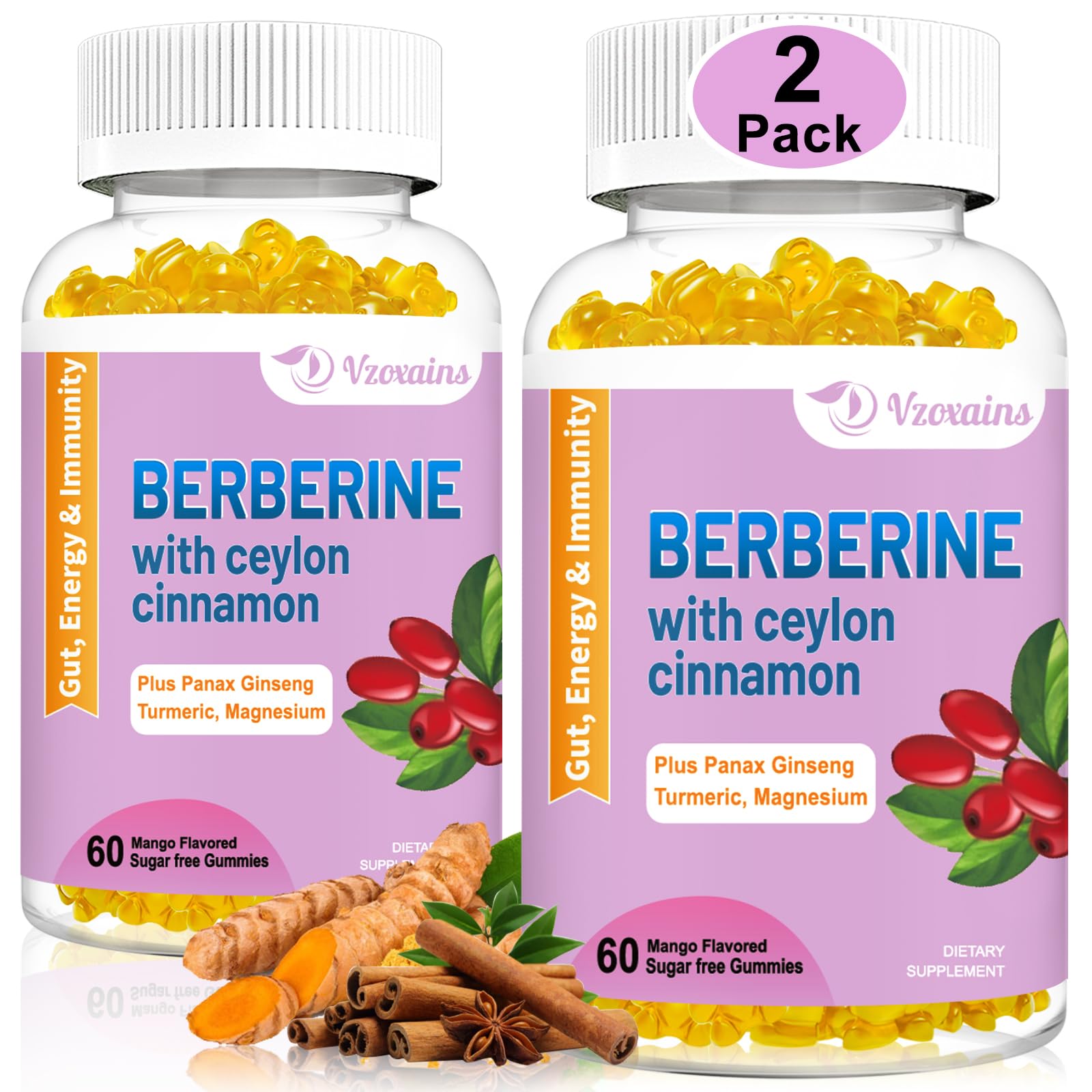 2 Pack Berberine with Ceylon Cinnamon Gummies, 2000mg High Potency Berberine HCI VZOXAINS uk supplements