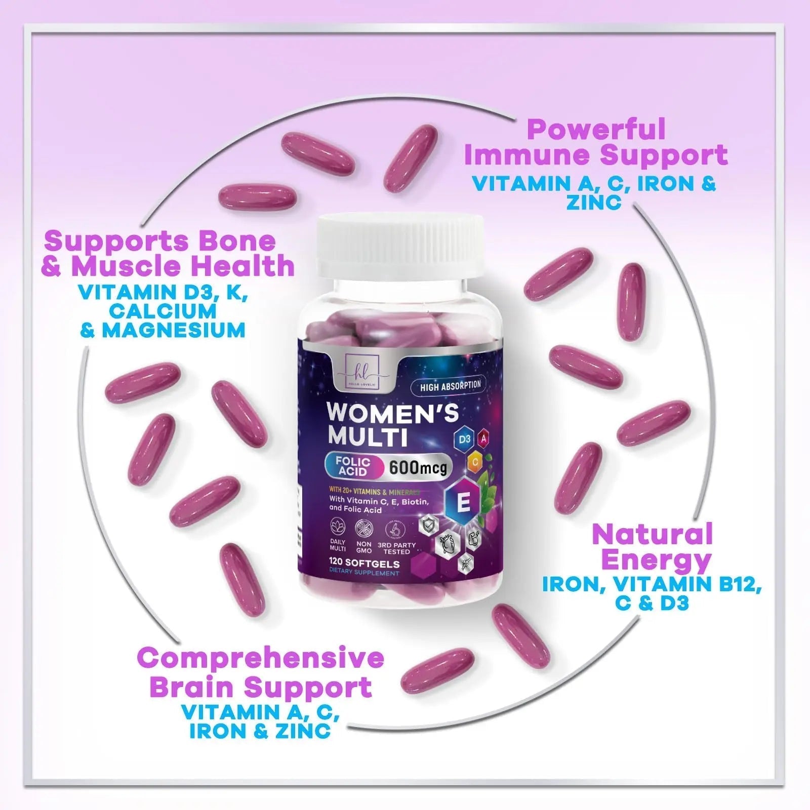 Multivitamin For Women - Complete Daily Woman's Multivitamins with Biotin, Calcium, Folic Acid, Iron, Zinc, Vitamin A, C, D, E & B Vitamins Hello Lovely! uk supplements