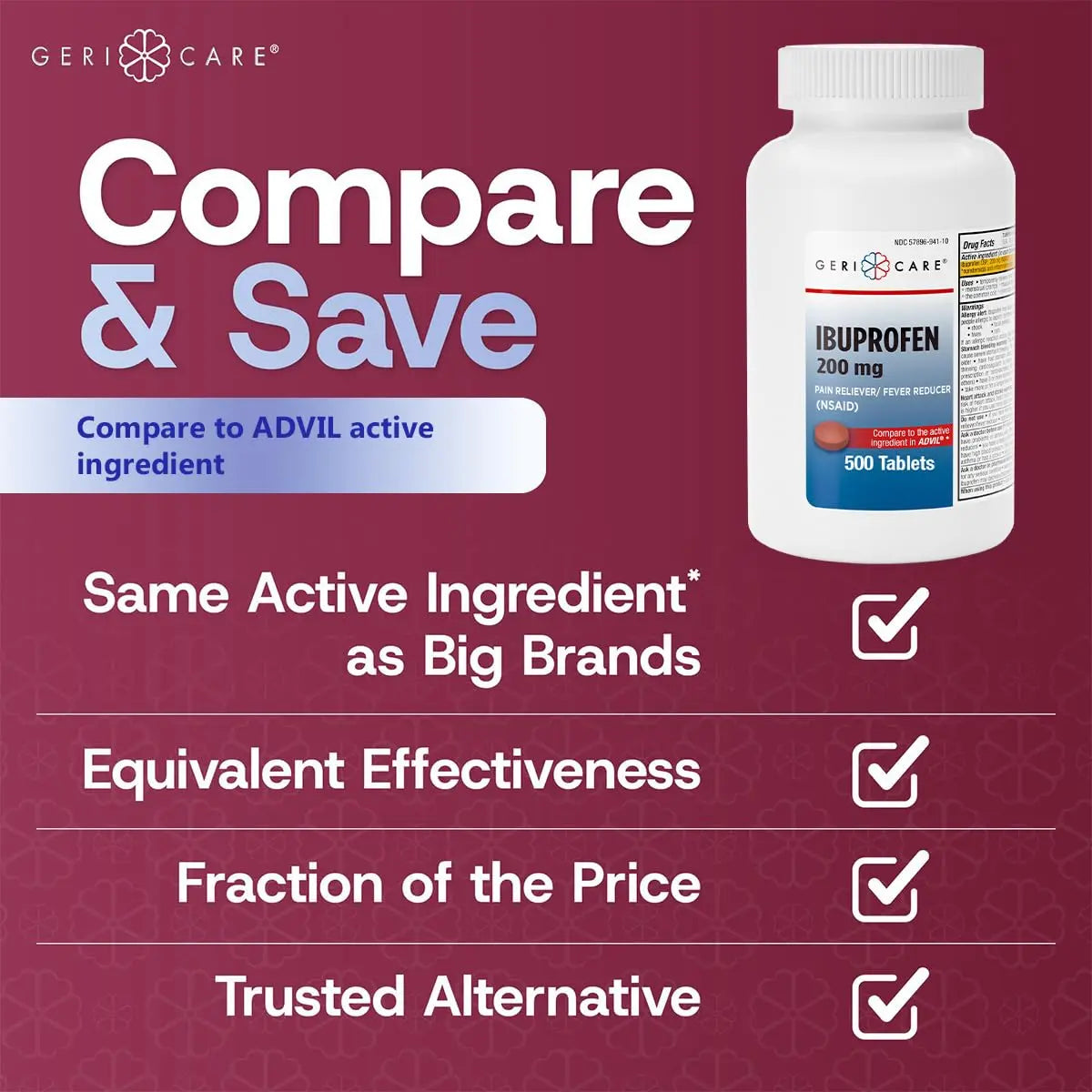 GeriCare Ibuprofen 200mg, Pain Reliever, Fever Reducer, Relieves Body Aches, 500 Count (Pack of 1) GeriCare uk supplements