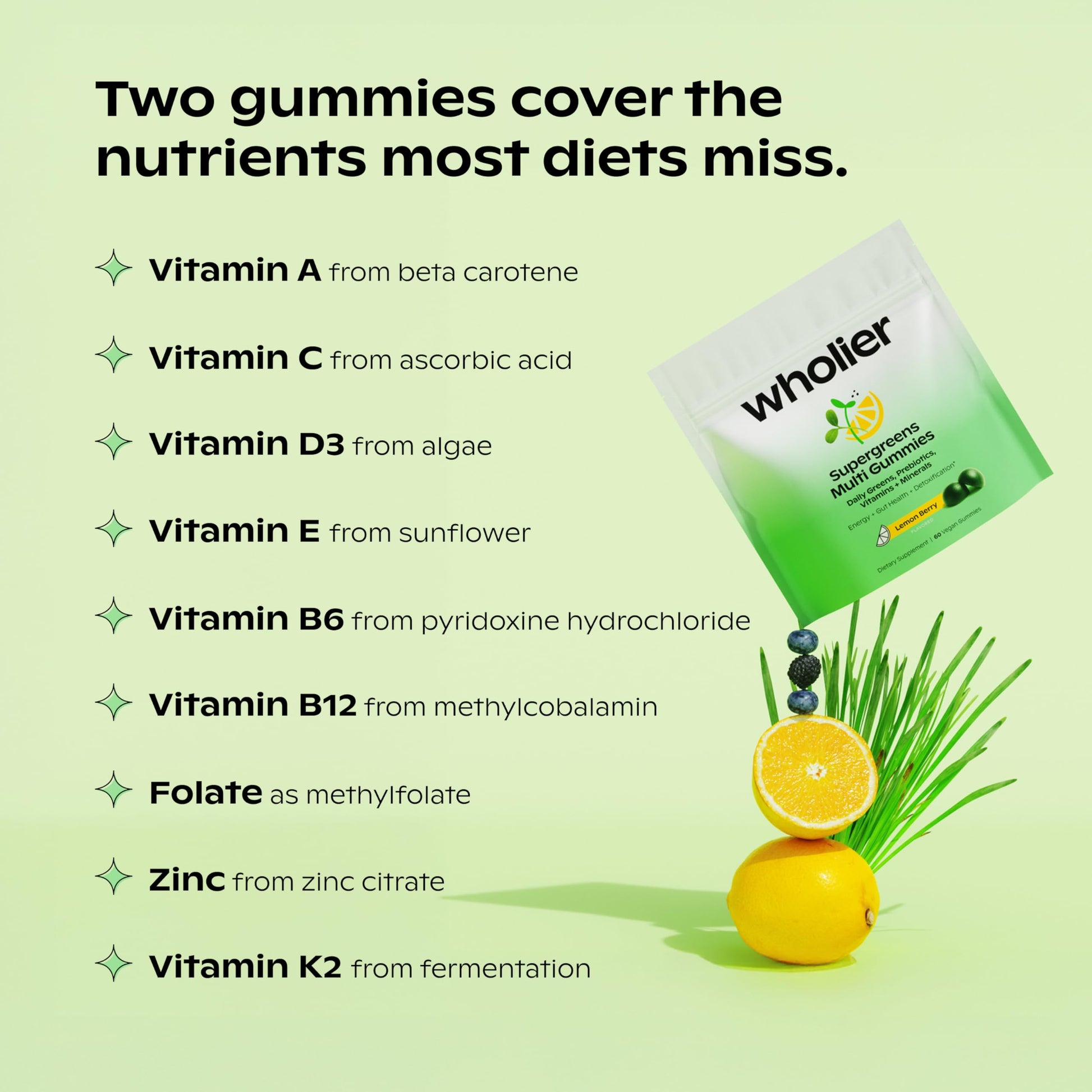 wholier Daily Supergreens Gummies, Greens Supplement with Prebiotics, Fiber, Adaptogens, Vegan Multivitamin, 9 Essential Vitamins + Minerals, 1g Sugar, 2 Gummy Serving (60 Gummies, 30 Day Supply) wholier uk supplements