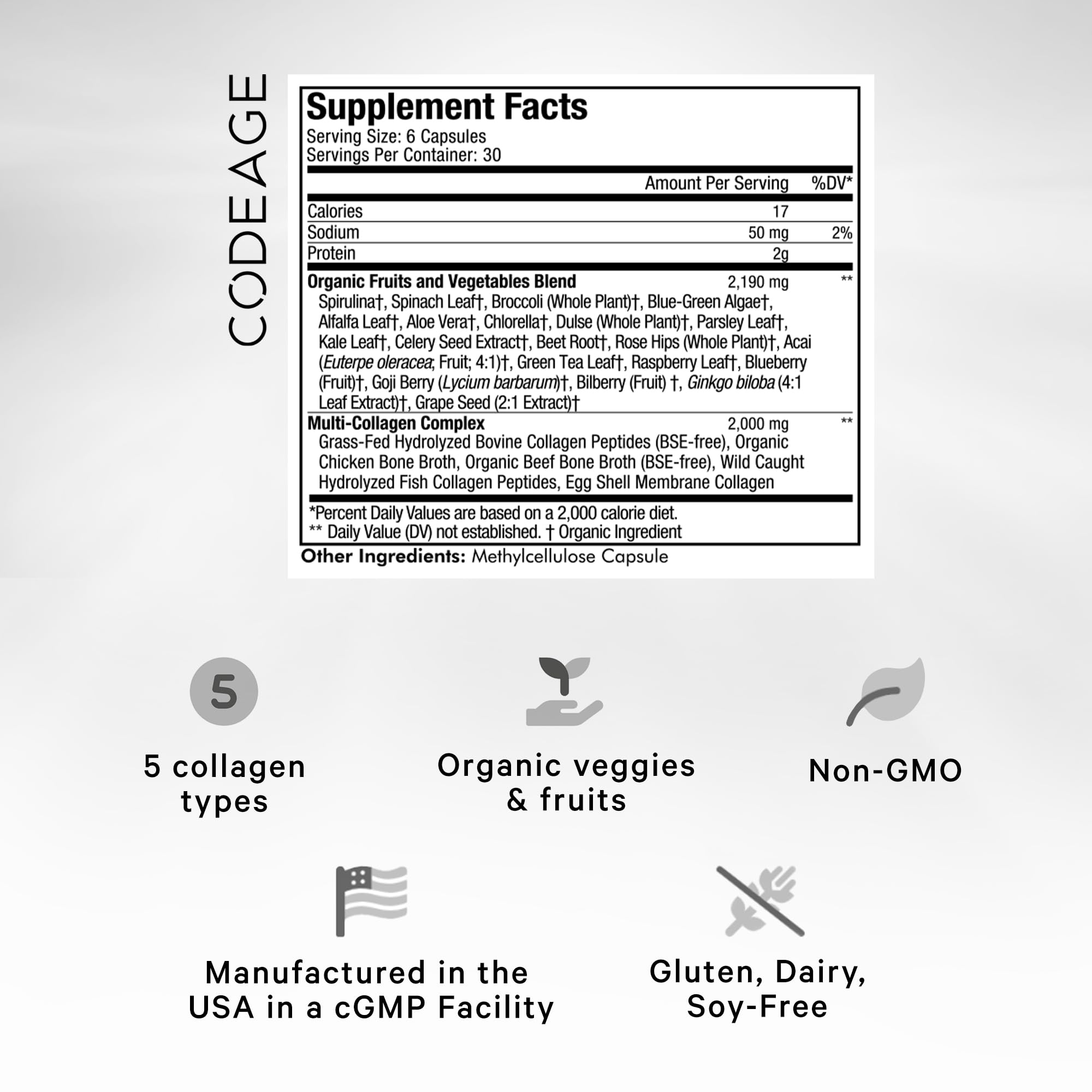 Codeage Multi Collagen Protein + Organic Raw Greens Superfood Capsules Supplement, 21 Fruits & Veggies, Grass-Fed Hydrolyzed Collagen Peptides, 5 Types All-in-One, 180 Count Codeage uk supplements