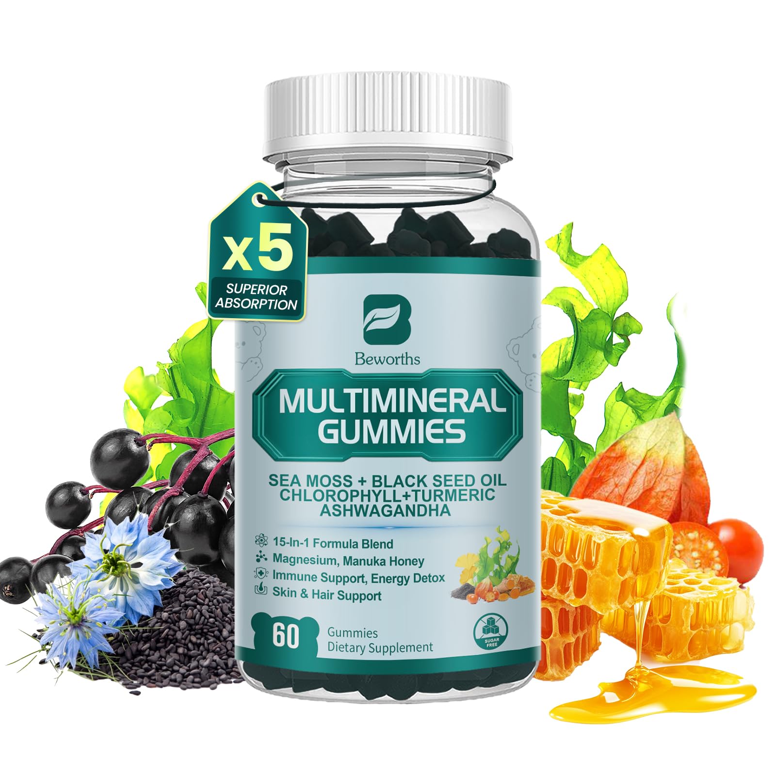 Sea Moss Gummies with Ashwagandha & Chlorophyll, Immune, Digestive and Gut Detox Support, Powered by Black Seed Oil, Vitamin C, Vitamin D & Magnesium, GMO, Vegan, Apple Flavor, 60 SeaMoss Gummies B BEWORTHS uk supplements