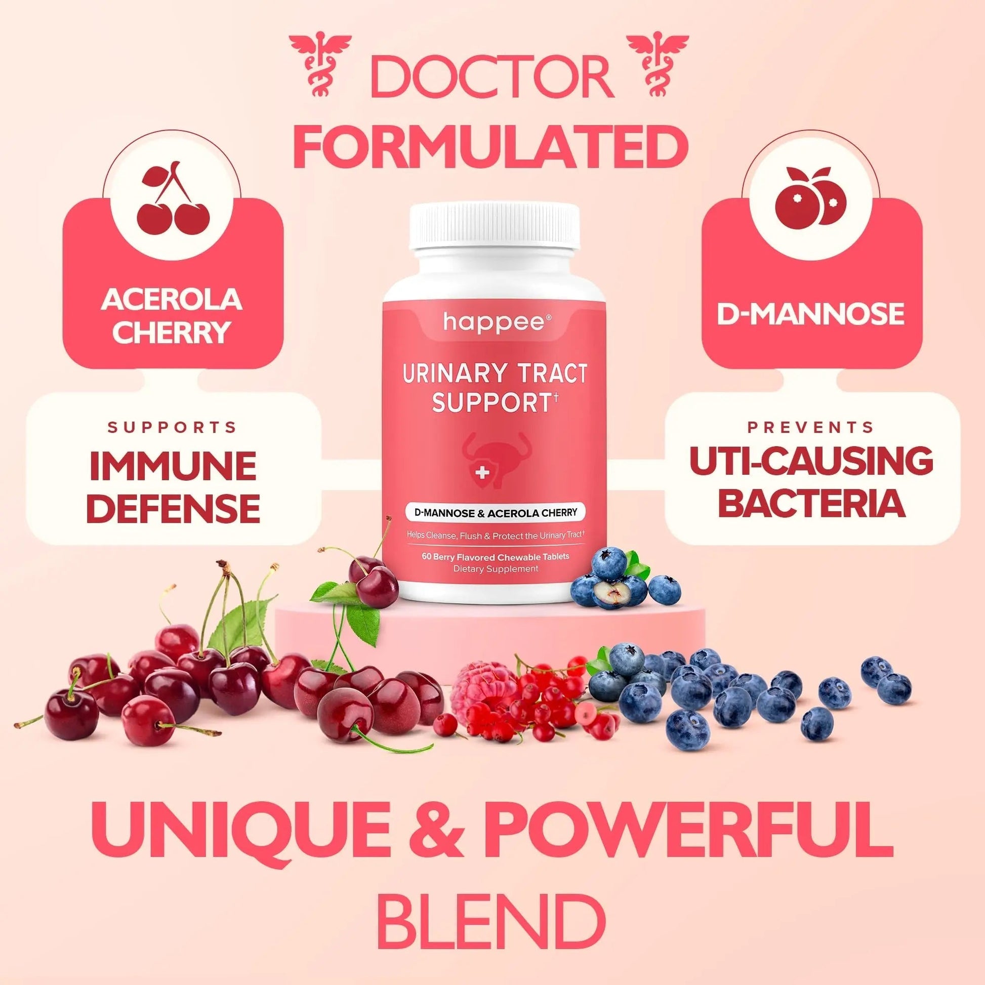 Happee Urinary Tract Health Supplement for Women & Men – Fast-Acting UTI Relief and Prevention, 500mg D-Mannose & Antioxidants, Supports Kidney and Bladder Health, Berry Flavor, 60 Chewables Happee uk supplements