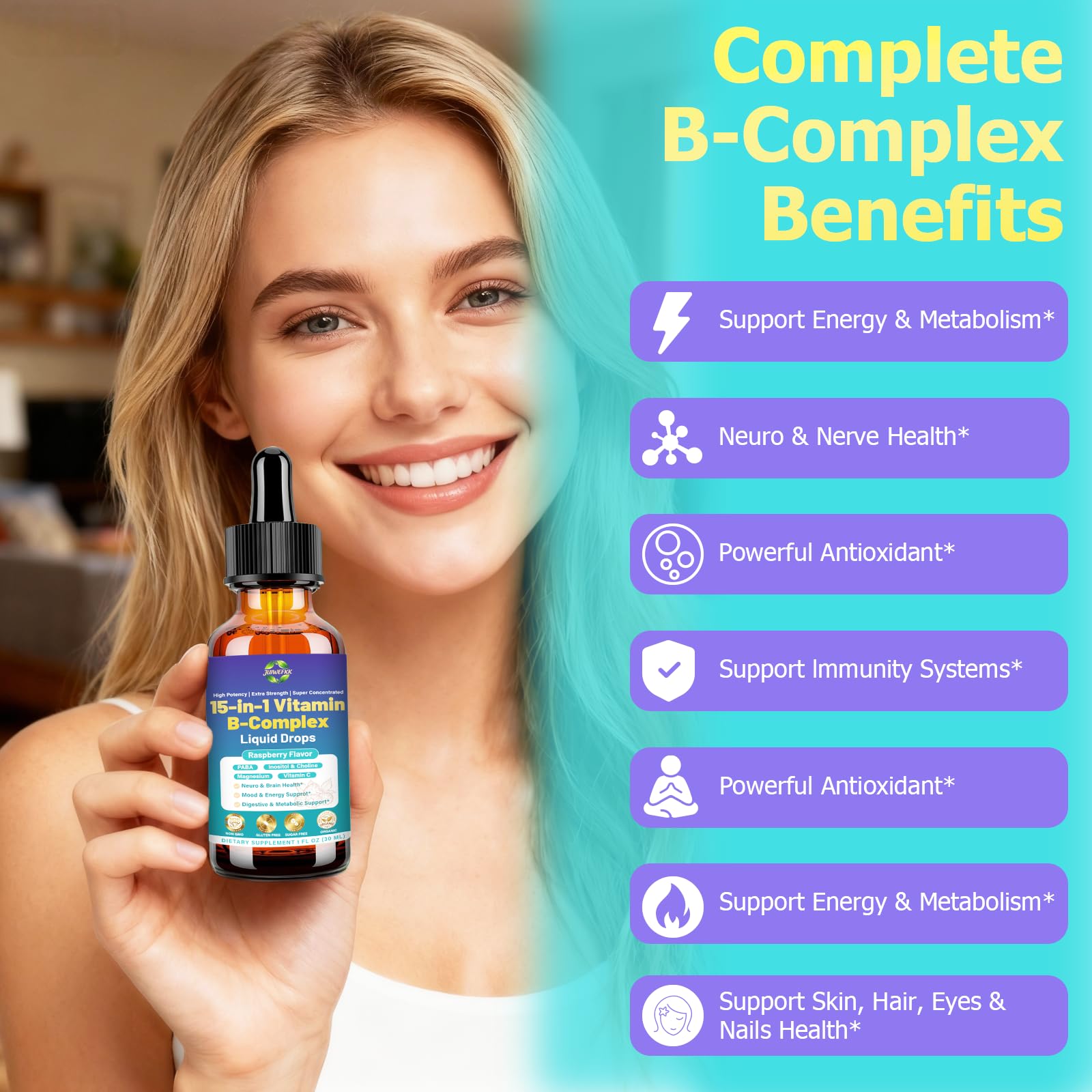 Advanced Vitamin B Complex Liquid Drops for Women Men & Kids, 15-in-1 VIT B Complex with Vitamin C B12 B6 B1 Niacin Folate for Brain Nerve Neuropathy Energy Mood Health, Sublingual B-Complex Drops JUIWEFKK uk supplements