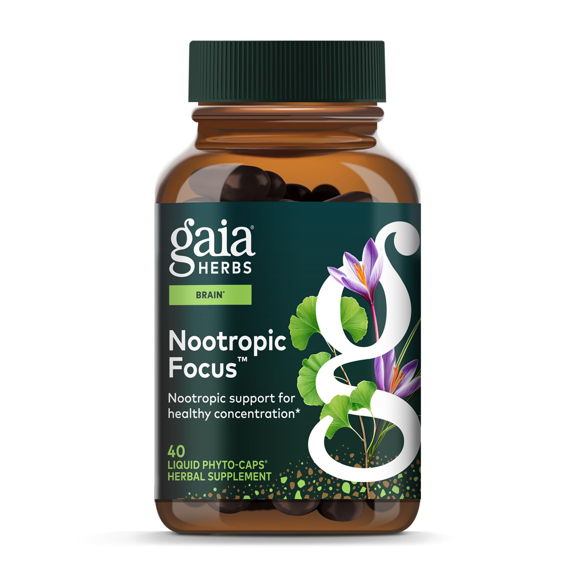 Gaia Herbs Nootropic Focus - Brain & Cognitive Support Supplement to Help Maintain Healthy Concentration* - with Saffron, Lemon Balm & Spearmint - 40 Liquid Phyto-Capsules (20 Servings) Gaia Herbs uk supplements
