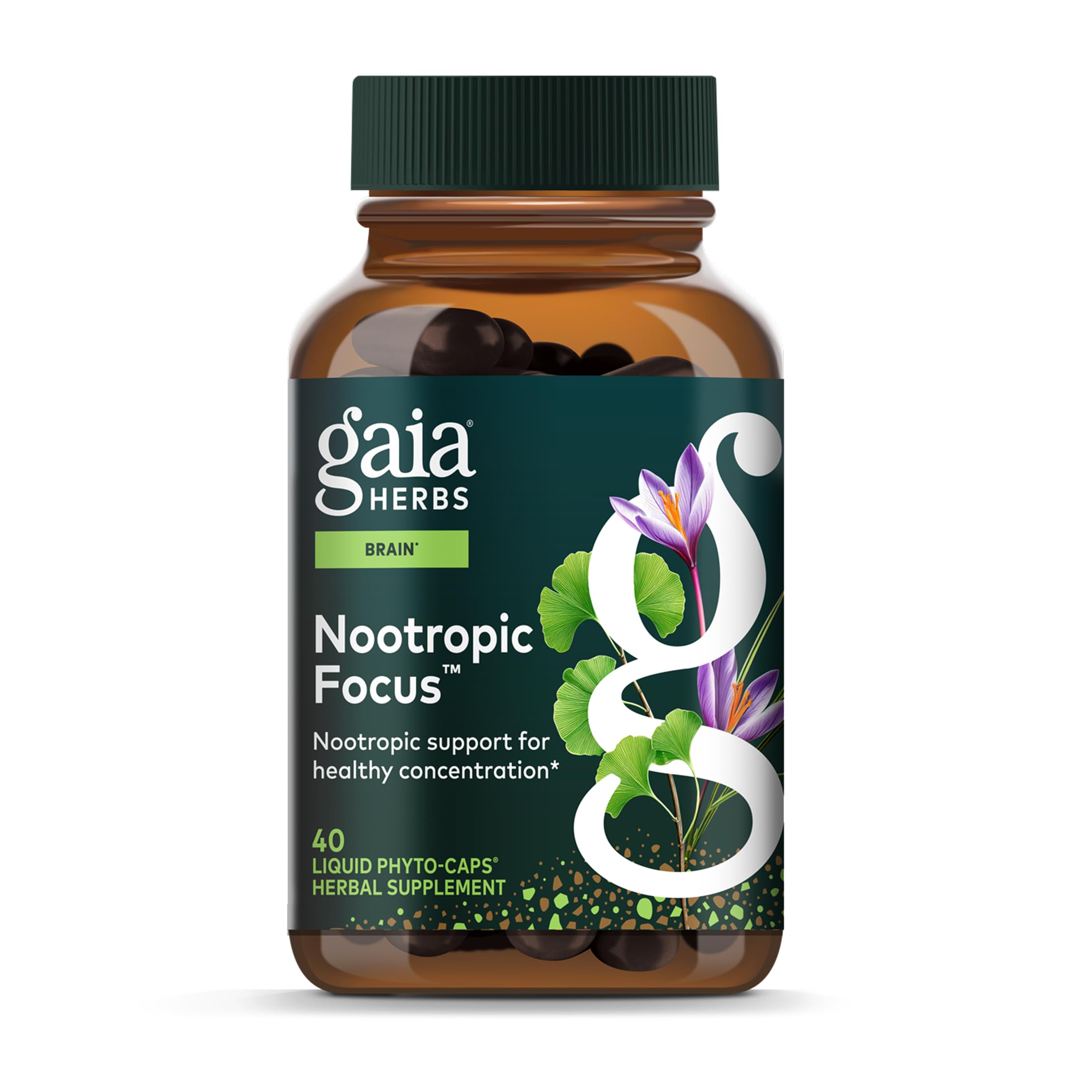 Gaia Herbs Nootropic Focus - Brain & Cognitive Support Supplement to Help Maintain Healthy Concentration* - with Saffron, Lemon Balm & Spearmint - 40 Liquid Phyto-Capsules (20 Servings) Gaia Herbs uk supplements