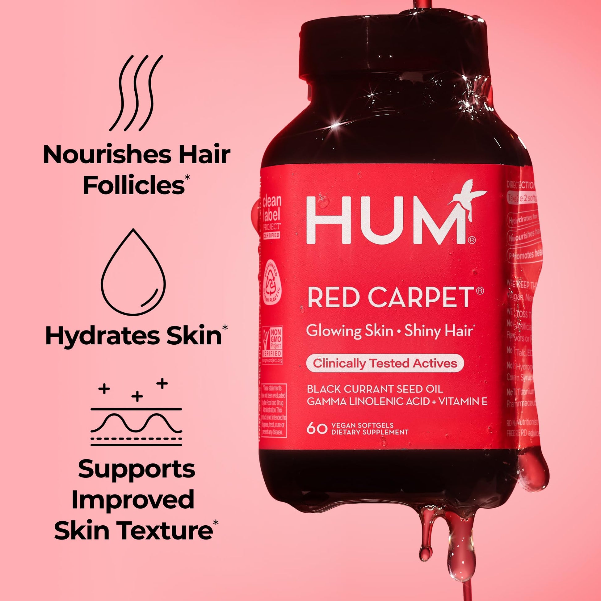 HUM Red Carpet Skin & Hair Vitamins for Women with Omega 3 Fatty Acids, Vitamin E, and Black Currant Seed Oil, Supplement for Skin Health & Healthy Hair Follicles Support, 60 Count HUM uk supplements