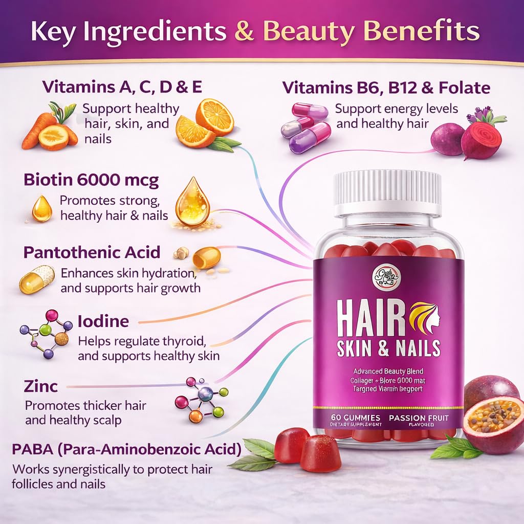 Grab The Gold Hair Skin & Nails Vitamins for Women | Gummies with 6000mcg Biotin & Collagen | 10 Essential Vitamin & Minerals | Gluten-Free, Non-GMO, Passion Fruit Flavor | 1 Month Supply, Made in USA Grab The Gold uk supplements