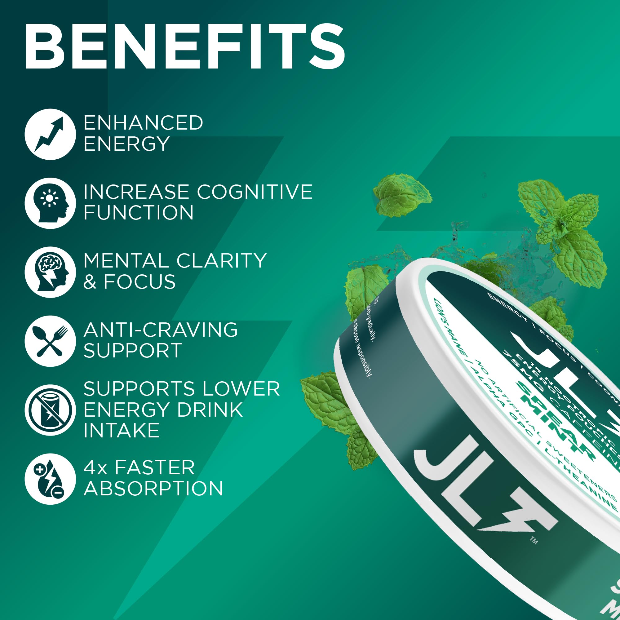 JLT 75 mg Caffeine Nootropic Pouches | Nootropic Energy Pouches with 75mg Caffeine, Lion's Mane, Alpha GPC, L-Tyrosine & L-Theanine with no Artificial Sweeteners | 15 Pouches Per Can JLT Energy uk supplements