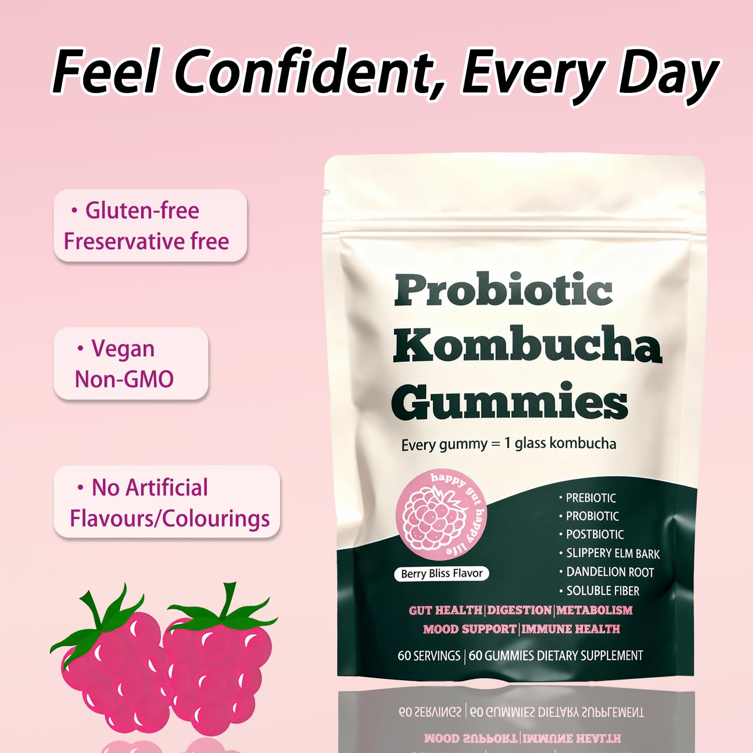 Glo Vous Probiotic Kombucha Gummies – 60 Gummies, with Prebiotics, Postbiotics & Fiber,Includes Slippery Elm, Dandelion Root & MCT Oil,Supports Digestive Health, Bloating Relief & Gut Support Glo Vous uk supplements