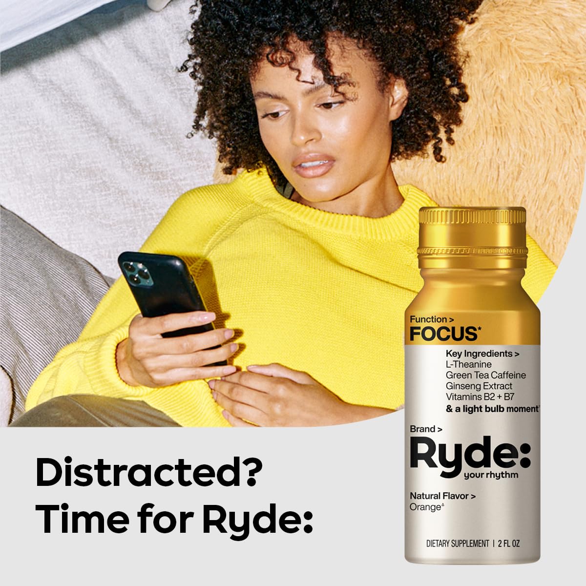 Ryde: Focus Shot | Orange Flavor | L-Theanine & Ginseng | Green Tea Caffeine | Vitamins B2 & B7 | 0 Calories, 0 Sugar | 2 FL OZ Shots | Supports Focus* (8 Pack) RYDE uk supplements
