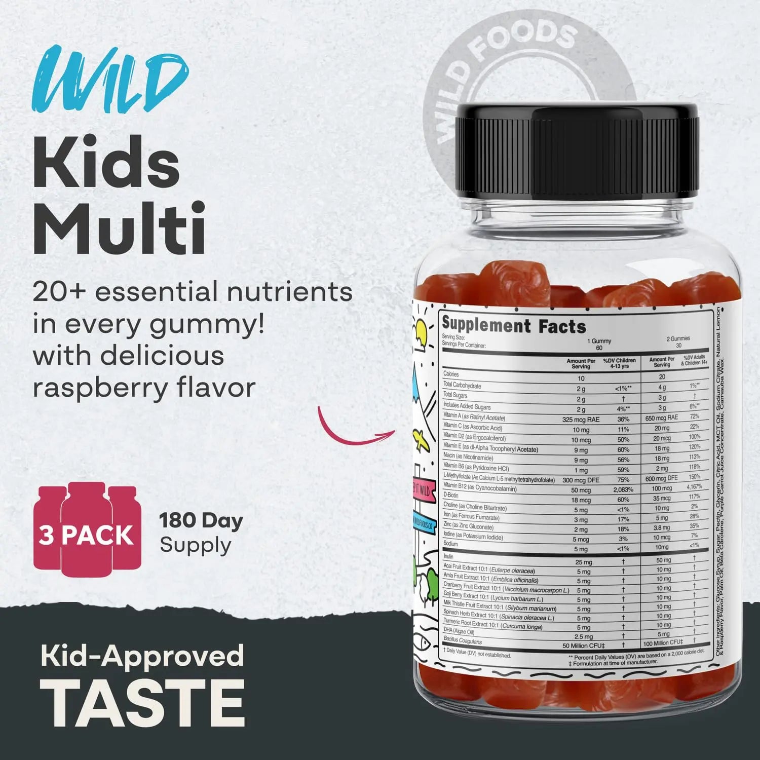 Wild Foods Kids Multivitamin Gummies – Natural Skin, Immune & Bones Support with Kids Vitamins A, C, D, E, B12, Iron & DHA Wild Foods uk supplements