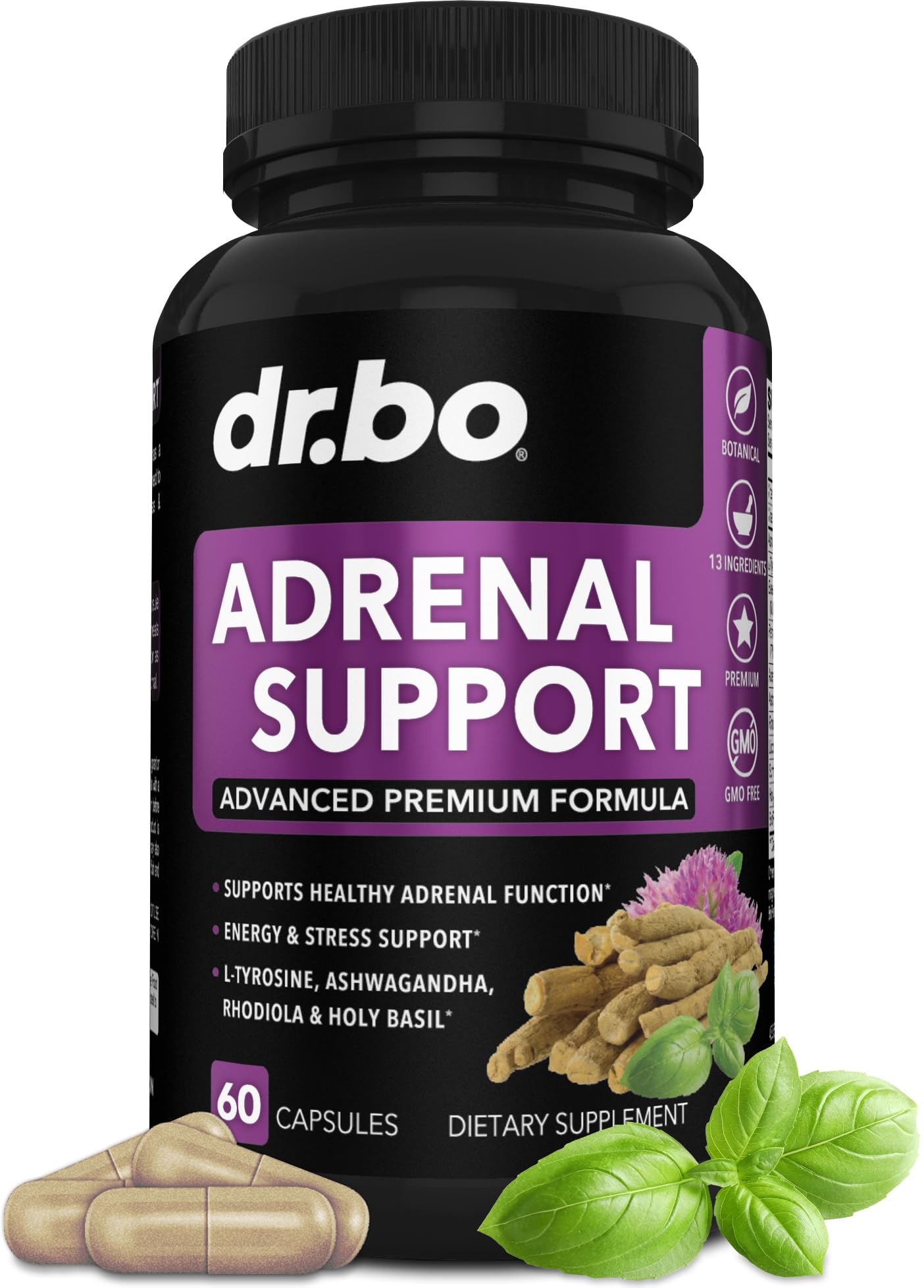 Adrenal Support Cortisol Manager Supplement - Adrenal Fatigue Supplements for Women & Men with Natural Adaptogen Ashwagandha Holy Basil Rhodiola L Tyrosine Complex Fatigue Cortisol Health - 60 Pills DR. BO uk supplements