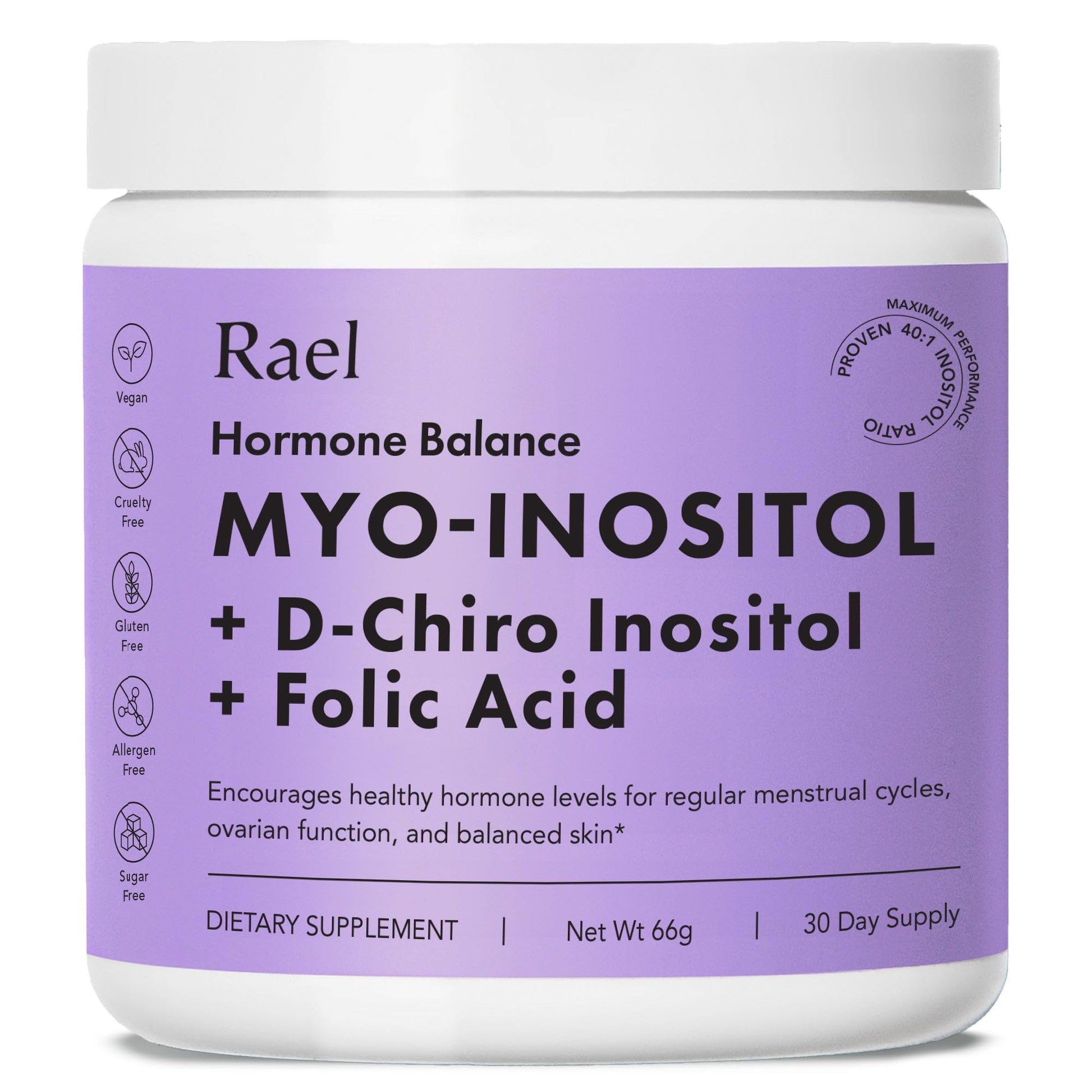 Rael Hormone Balance for Women, Inositol Powder Supplement - Vitamin B8, 40:1 Proven Ratio, Folic Acid for Ovarian Function (30 Servings) Rael uk supplements