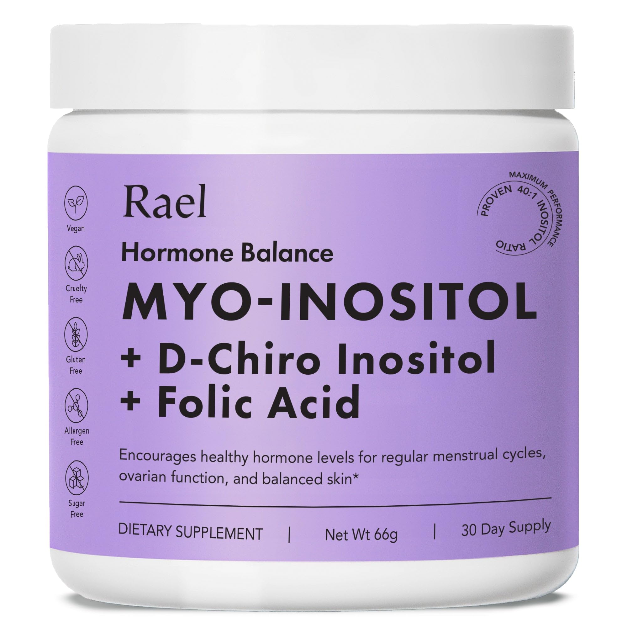 Rael Hormone Balance for Women, Inositol Powder Supplement - Vitamin B8, 40:1 Proven Ratio, Folic Acid for Ovarian Function (30 Servings) Rael uk supplements