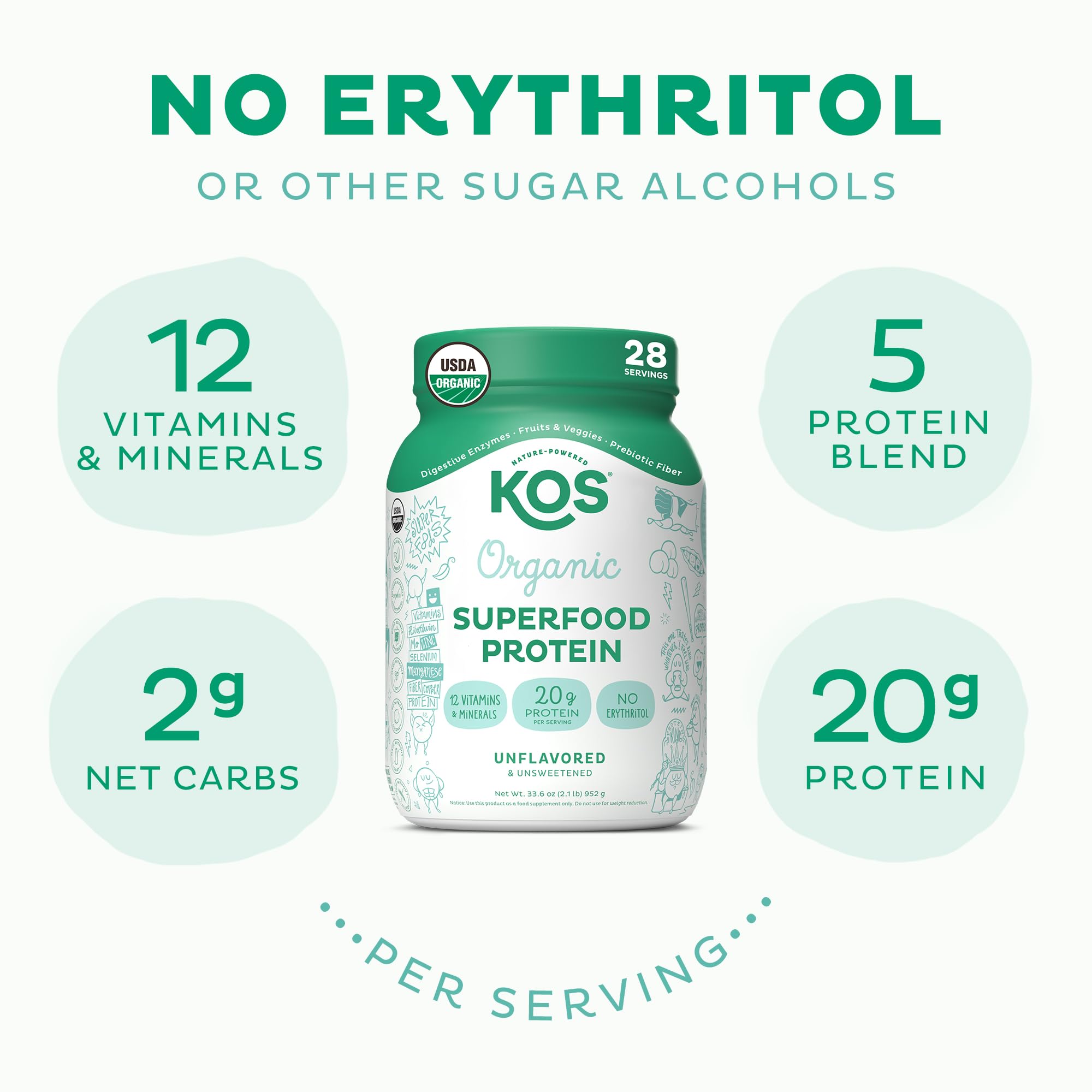 KOS Vegan Protein Powder, Unflavored & Unsweetened - Low Carb Pea Protein Blend KOS uk supplements
