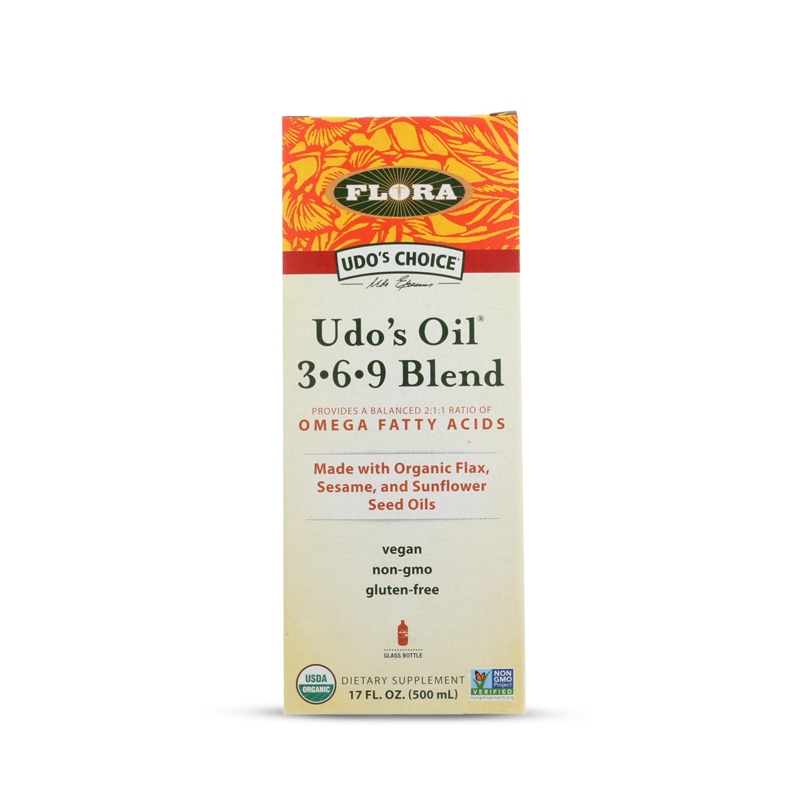 Flora - Udo's Choice Omega 369 Oil Blend, Made with Organic Flax, Sesame & Sunflower Seed Oils, Plant-Based Vegan Omega Fatty Acids, Based on Ideal 2:1:1 Ratio, 17-fl, oz. Glass Bottle Flora uk supplements