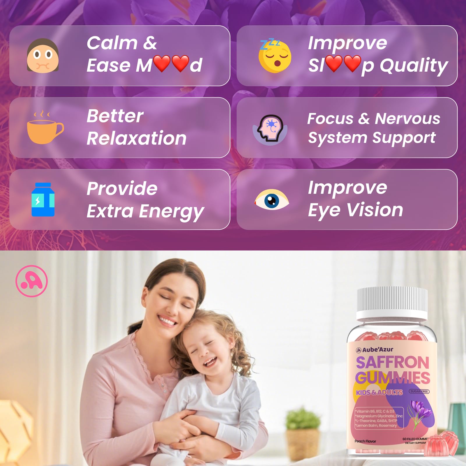 Saffron Gummies for Kids Adults 88.5mg, 15-in-1 Saffron Supplements for Kids, with B6, B12, C, D3, Magnesium Glycinate, Zinc for Nerve, Rest, Focus, Sugar Free, Vegan, Non- GMO, Peach Flavor, 60 Count Aube'Azur uk supplements