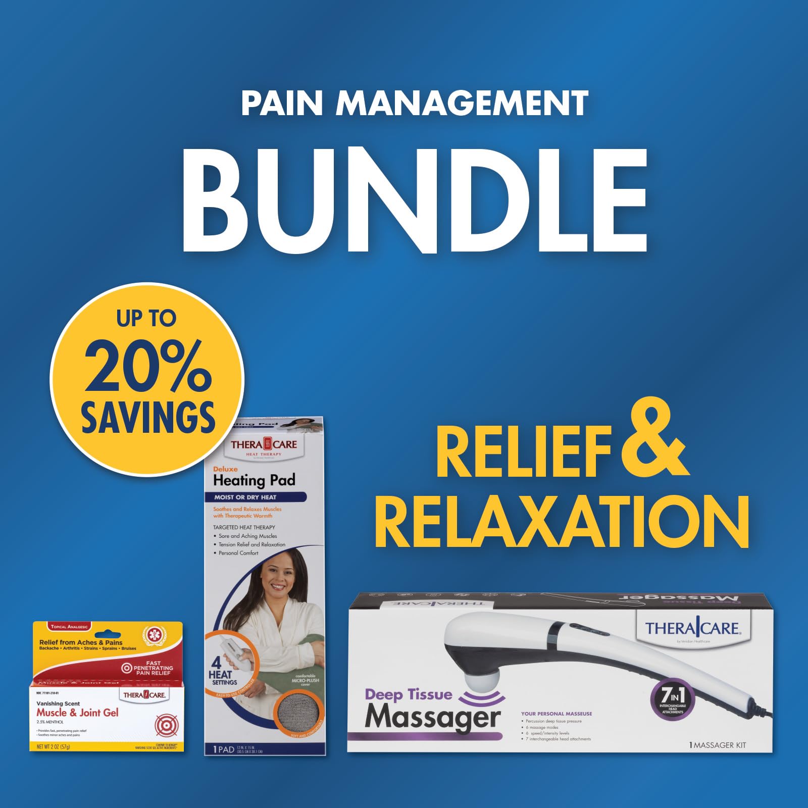 Pain Management Bundle 3-Piece | Personal Deep Tissue Massager | Muscle & Joint Pain Relief Gel | Deluxe Moist Dry Heating Pad | Therapeutic Care at Home | Whole Family Care Thera Care uk supplements