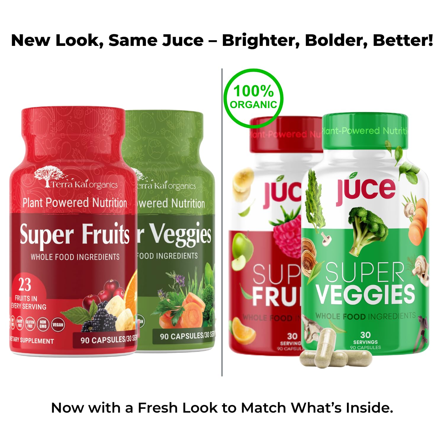 Juce Original Formula - Organic Super Fruit & Veggies Supplement - Gluten/Gelatin Free, Soy Free & Vegan- Reds & Greens Superfood Capsules- 23 Fruits & 23 Vegetables (180 Count)- By Terra Kai Organics Terra Kai Organics uk supplements