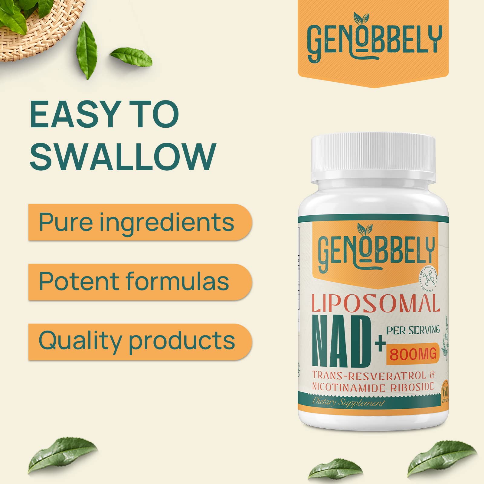 GENOBBELY 800 mg Liposomal NAD+ Supplement with Nicotinamide Riboside 200 mg, Trans-Resveratrol 100 mg - True NAD Supplement for DNA Repair, Healthy Aging, Brain Function - 60-Day Supply GENOBBELY uk supplements