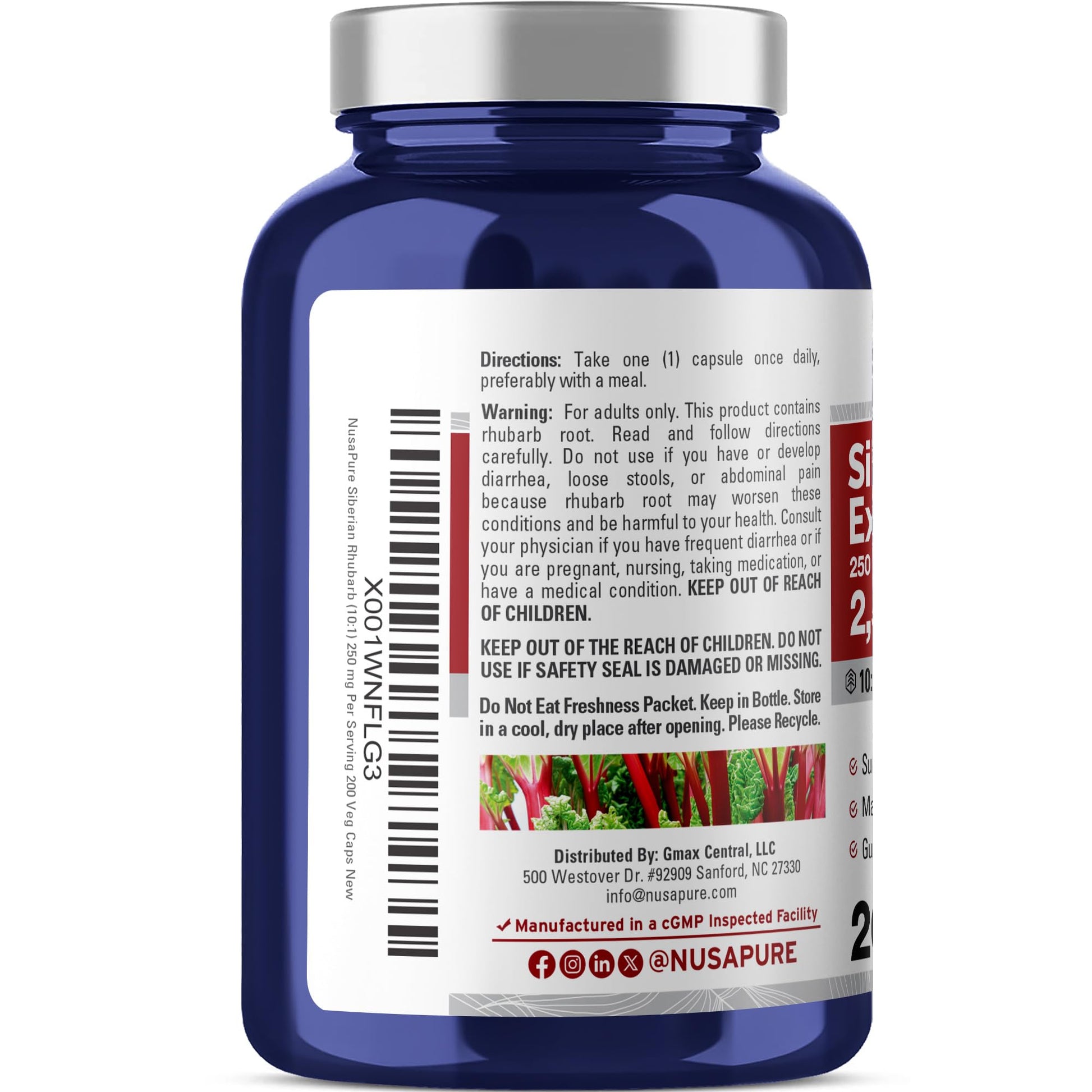 NusaPure Siberian Rhubarb 10:1 Extract, 250 mg Equivalent to 2,500mg - 200 Veggie Capsules (Vegetarian, Non-GMO, Vegan) NusaPure uk supplements