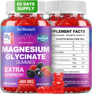 Magnesium Glycinate Gummies 400mg, Sugar Free Mаgnеsium Gummiеs for Adults with Magnesium Malate, Zinc, and Vitamin B6 for Sleep, Body Support and Relaxation, Non GMO, 60 Count-Multi-Flavor ArtDietistX uk supplements