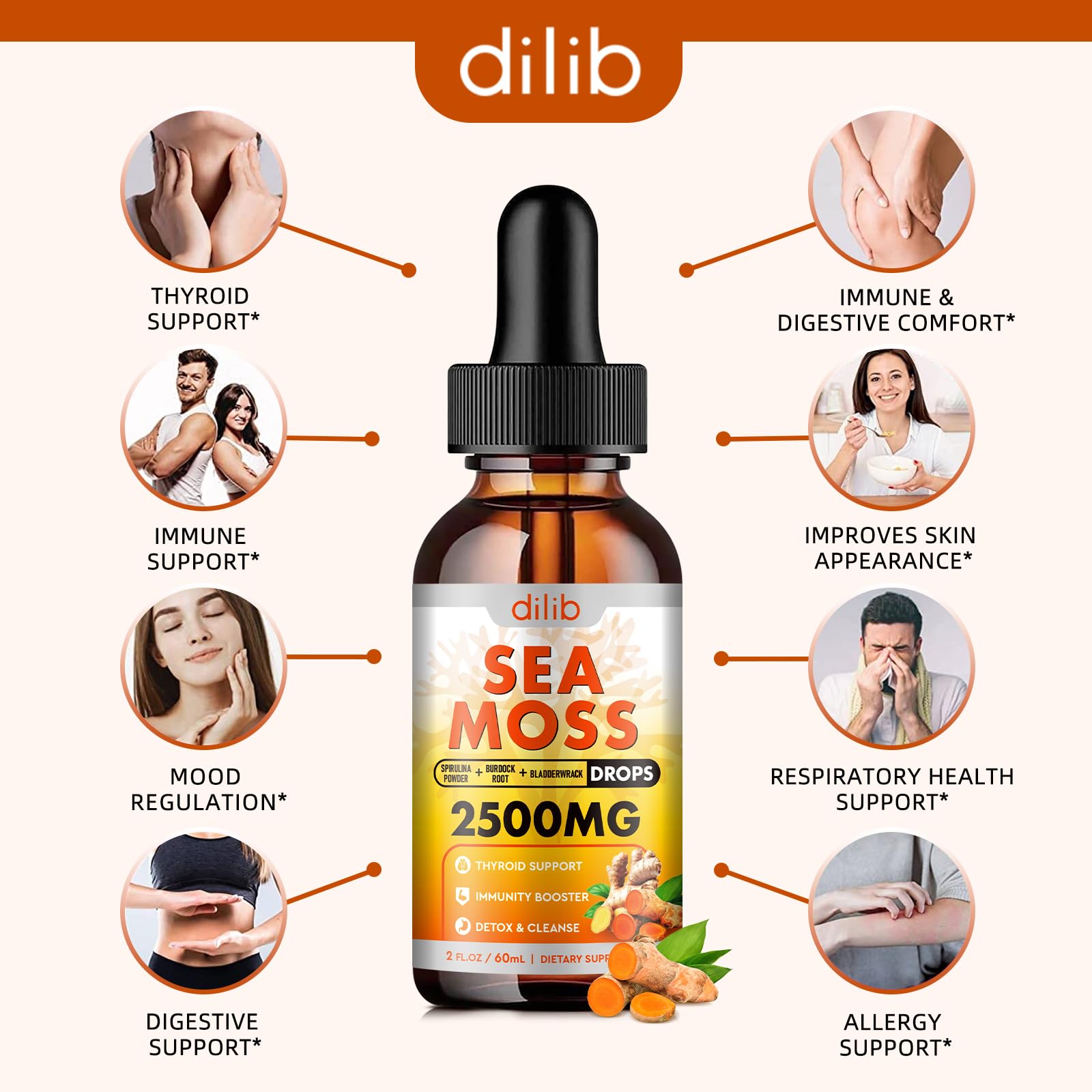 Sea Moss Liquid Drops: Organic Irish Sea Moss 2500mg with Turmeric, Bladderwrack dilib uk supplements