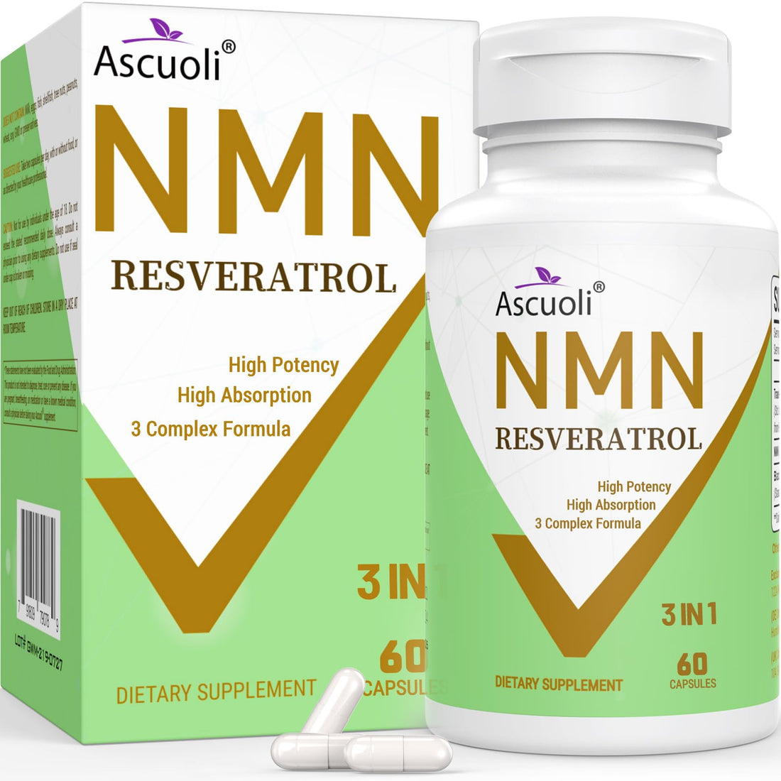 99% Ultra Purity NMN 500mg + Trans-Resveratrol 600mg, 1150mg NMN Resveratrol Supplement, 3-in-1 Advanced Formula for Boost* NAD, Cell, Immune, Energy & Muscle, Healthy Aging, Stabilized Form - 60 Caps Ascuoli uk supplements