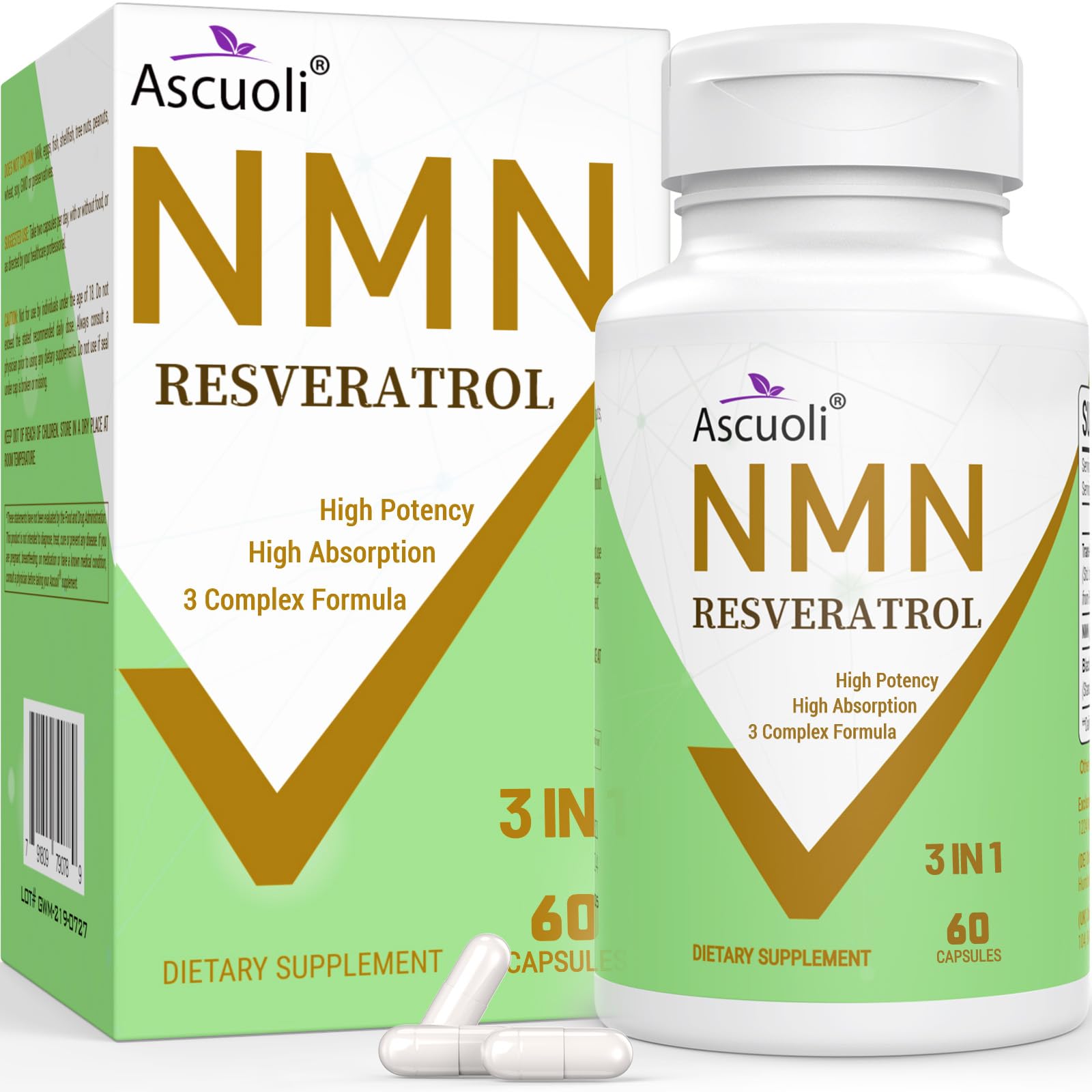 99% Ultra Purity NMN 500mg + Trans-Resveratrol 600mg, 1150mg NMN Resveratrol Supplement, 3-in-1 Advanced Formula for Boost* NAD, Cell, Immune, Energy & Muscle, Healthy Aging, Stabilized Form - 60 Caps Ascuoli uk supplements